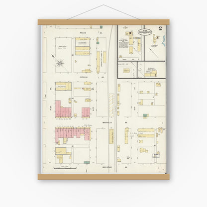 Old map wall art mockup — magnetic wood frame on white wall — Sanborn Fire Insurance Map from Hubbard, Hill County, Texas (1898), Sheet #0002