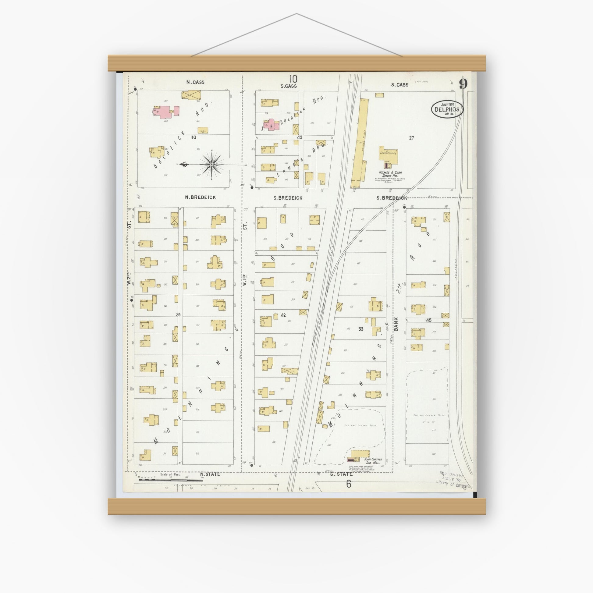 Old map wall art mockup — magnetic wood frame on white wall — Sanborn Fire Insurance Map from Delphos, Van Wert And Allen Counties, Ohio (1899), Sheet #0009