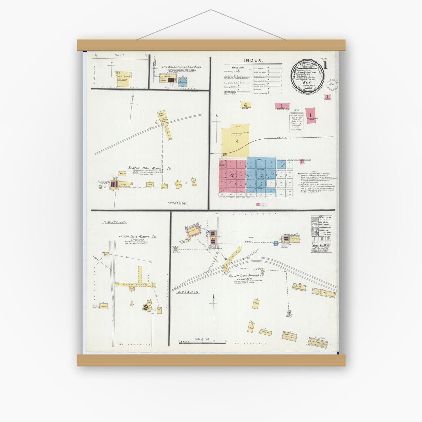 Old map wall art mockup — magnetic wood frame on white wall — Sanborn Fire Insurance Map from Ely, Saint Louis County, Minnesota (1900) - Complete Map Set