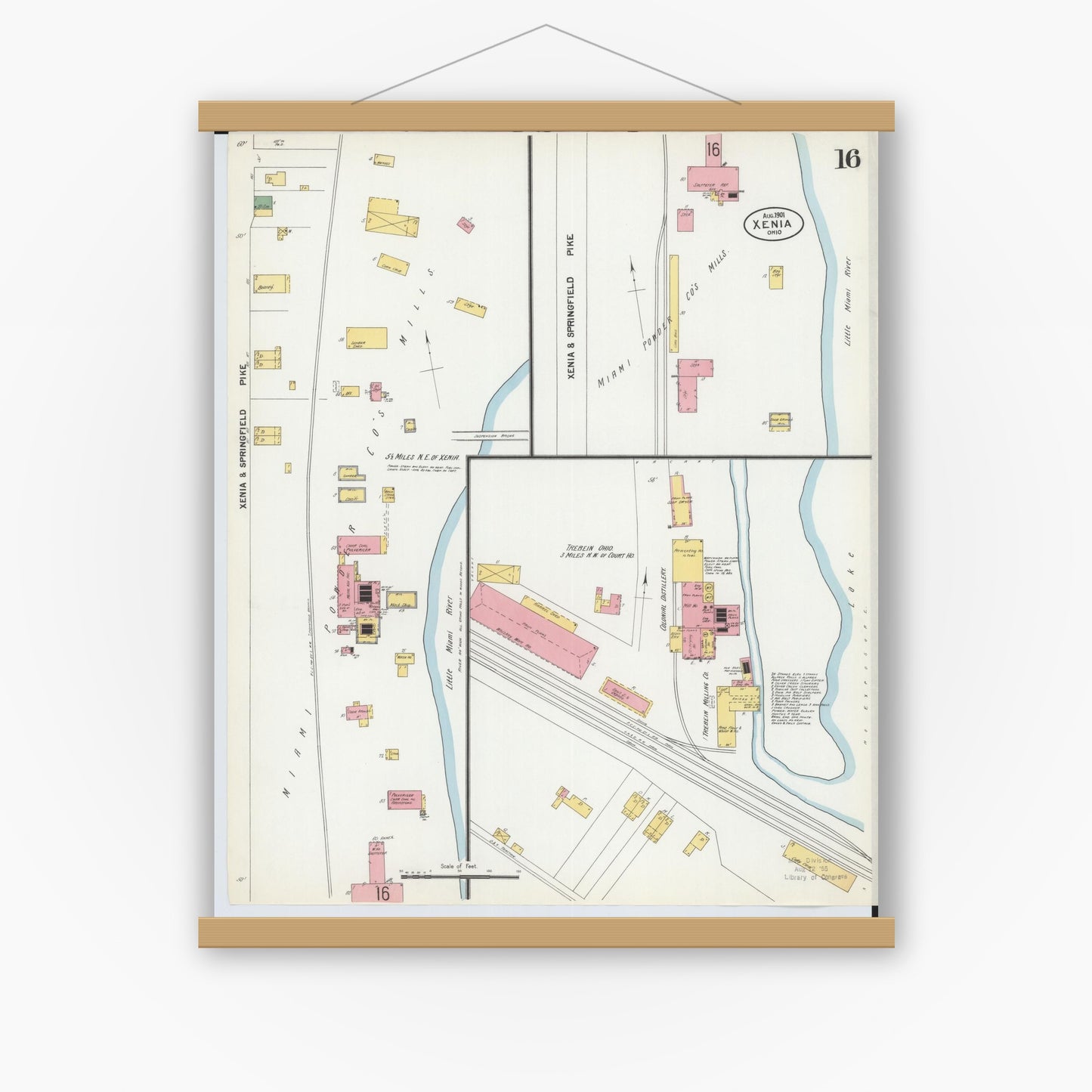 Old map wall art mockup — magnetic wood frame on white wall — Sanborn Fire Insurance Map from Xenia, Greene County, Ohio (1901), Sheet #0016