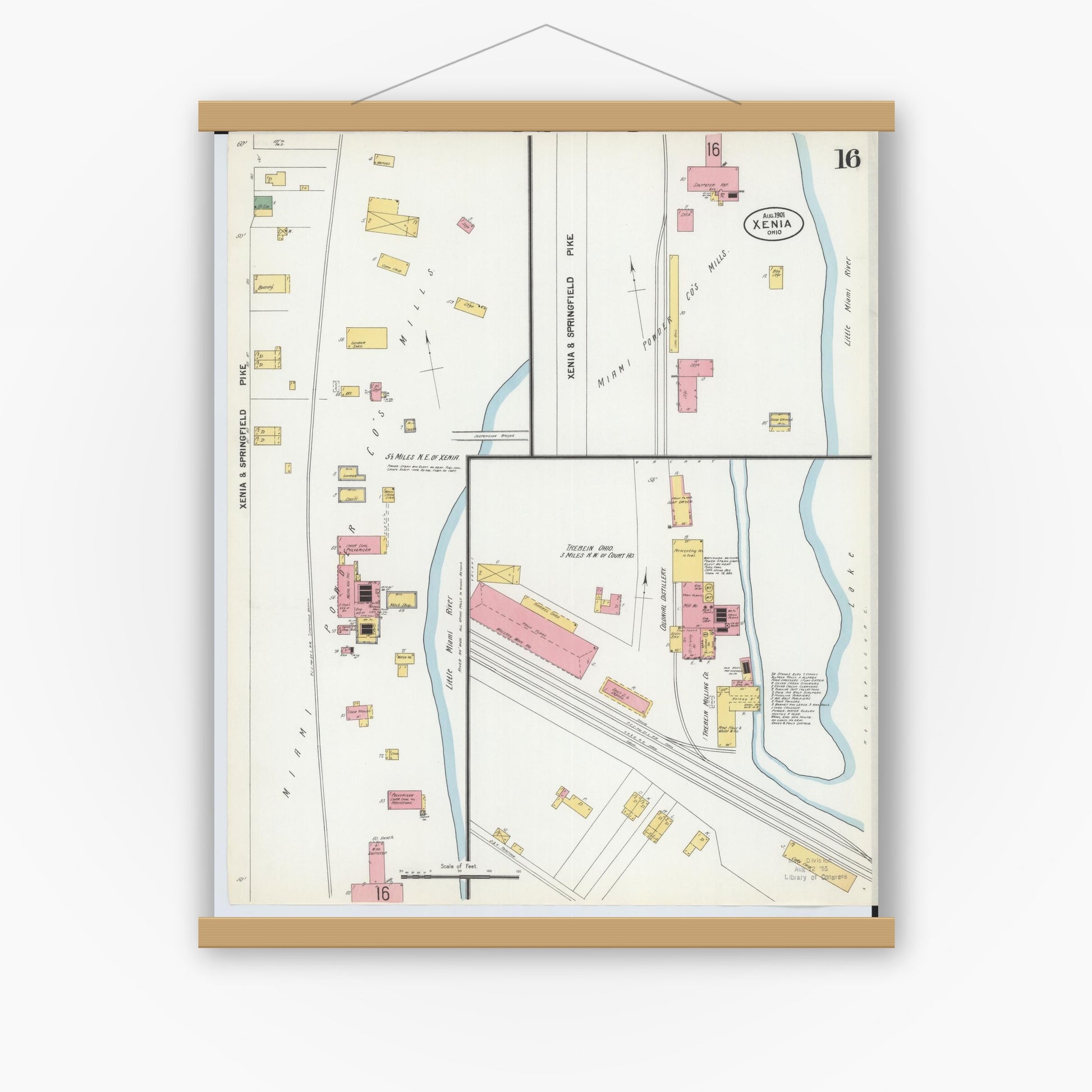 Old map wall art mockup — magnetic wood frame on white wall — Sanborn Fire Insurance Map from Xenia, Greene County, Ohio (1901), Sheet #0016