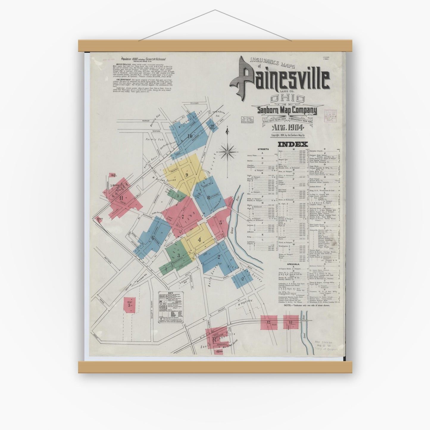 Old map wall art mockup — magnetic wood frame on white wall — Sanborn Fire Insurance Map from Painesville, Lake County, Ohio (1904), Sheet #0001