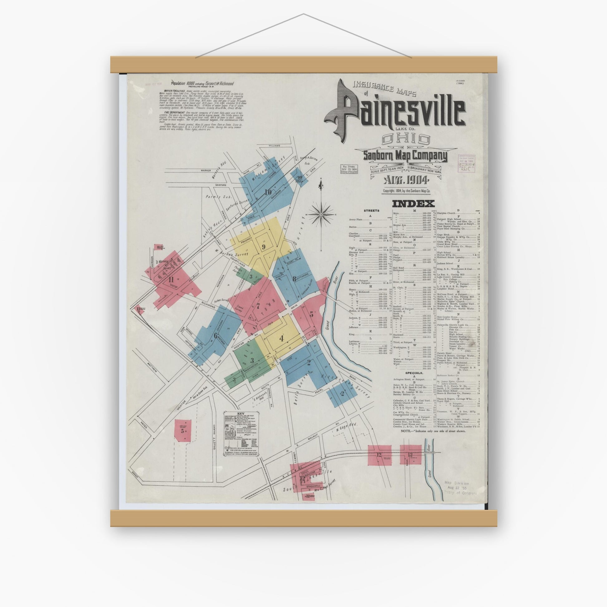 Old map wall art mockup — magnetic wood frame on white wall — Sanborn Fire Insurance Map from Painesville, Lake County, Ohio (1904), Sheet #0001