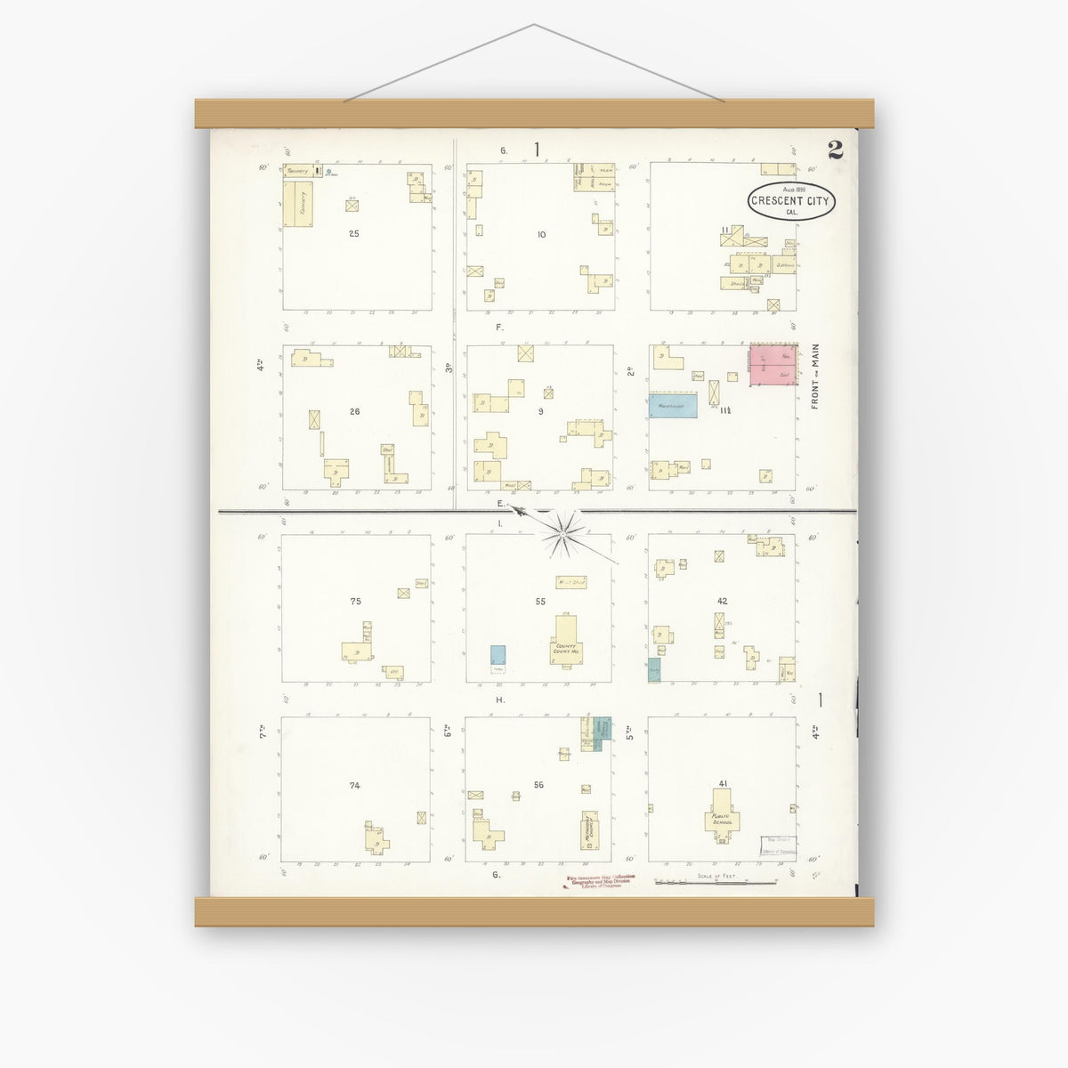 Old map wall art mockup — magnetic wood frame on white wall — Sanborn Fire Insurance Map from Crescent City, Del Norte County, California (1898), Sheet #0002