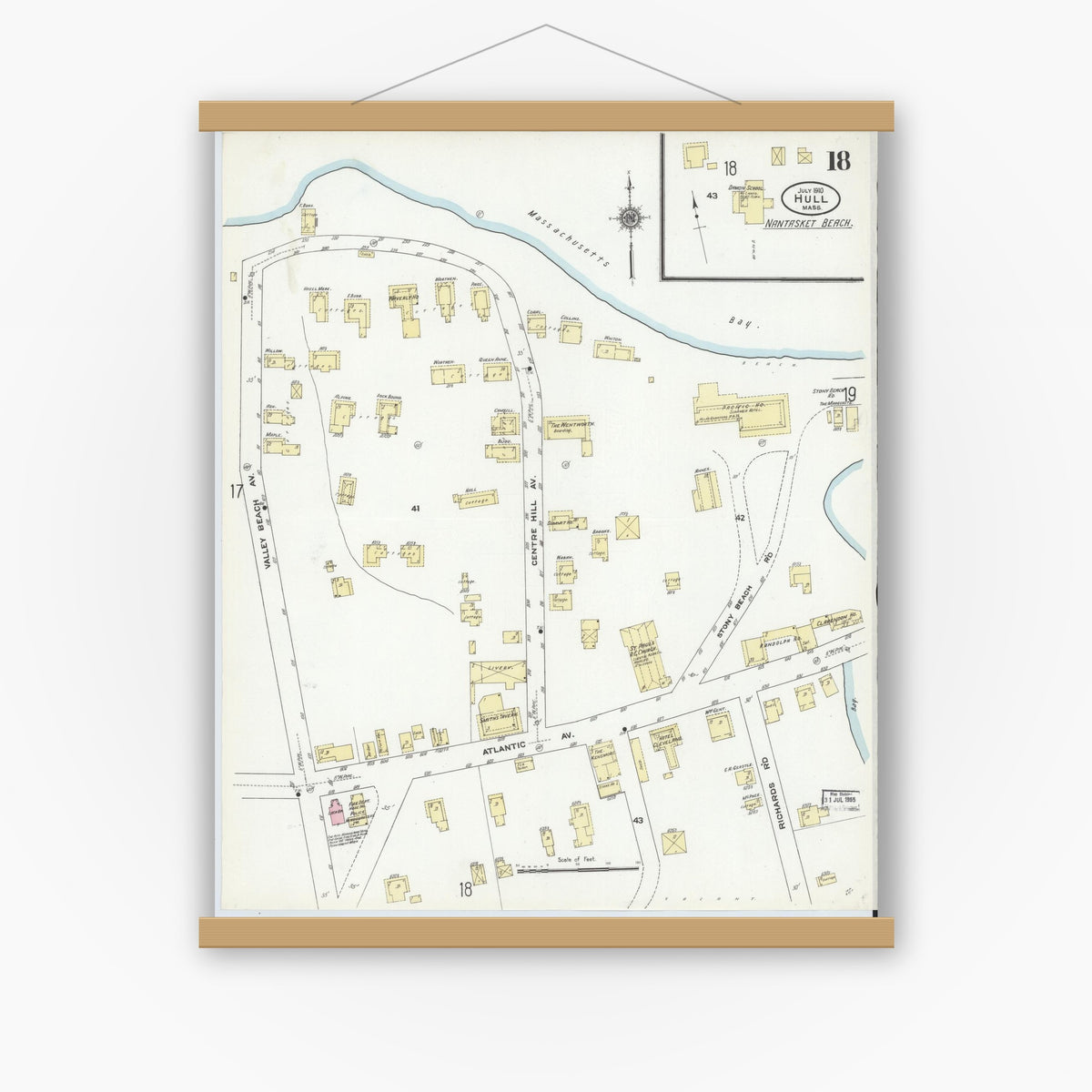 Old map wall art mockup — magnetic wood frame on white wall — Sanborn Fire Insurance Map from Hull, Plymouth County, Massachusetts (1910), Sheet #0018