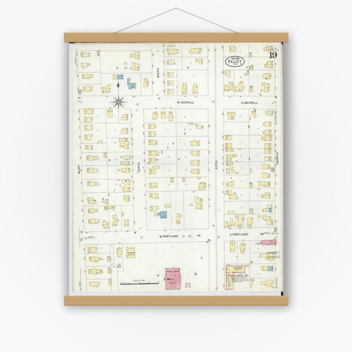 Old map wall art mockup — magnetic wood frame on white wall — Sanborn Fire Insurance Map from Beloit, Rock County, Wisconsin (1908), Sheet #0019