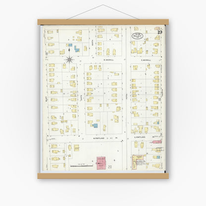 Old map wall art mockup — magnetic wood frame on white wall — Sanborn Fire Insurance Map from Beloit, Rock County, Wisconsin (1908), Sheet #0019