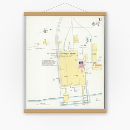 Old map wall art mockup — magnetic wood frame on white wall — Sanborn Fire Insurance Map from Roosevelt, Middlesex County, New Jersey (1908), Sheet #0011