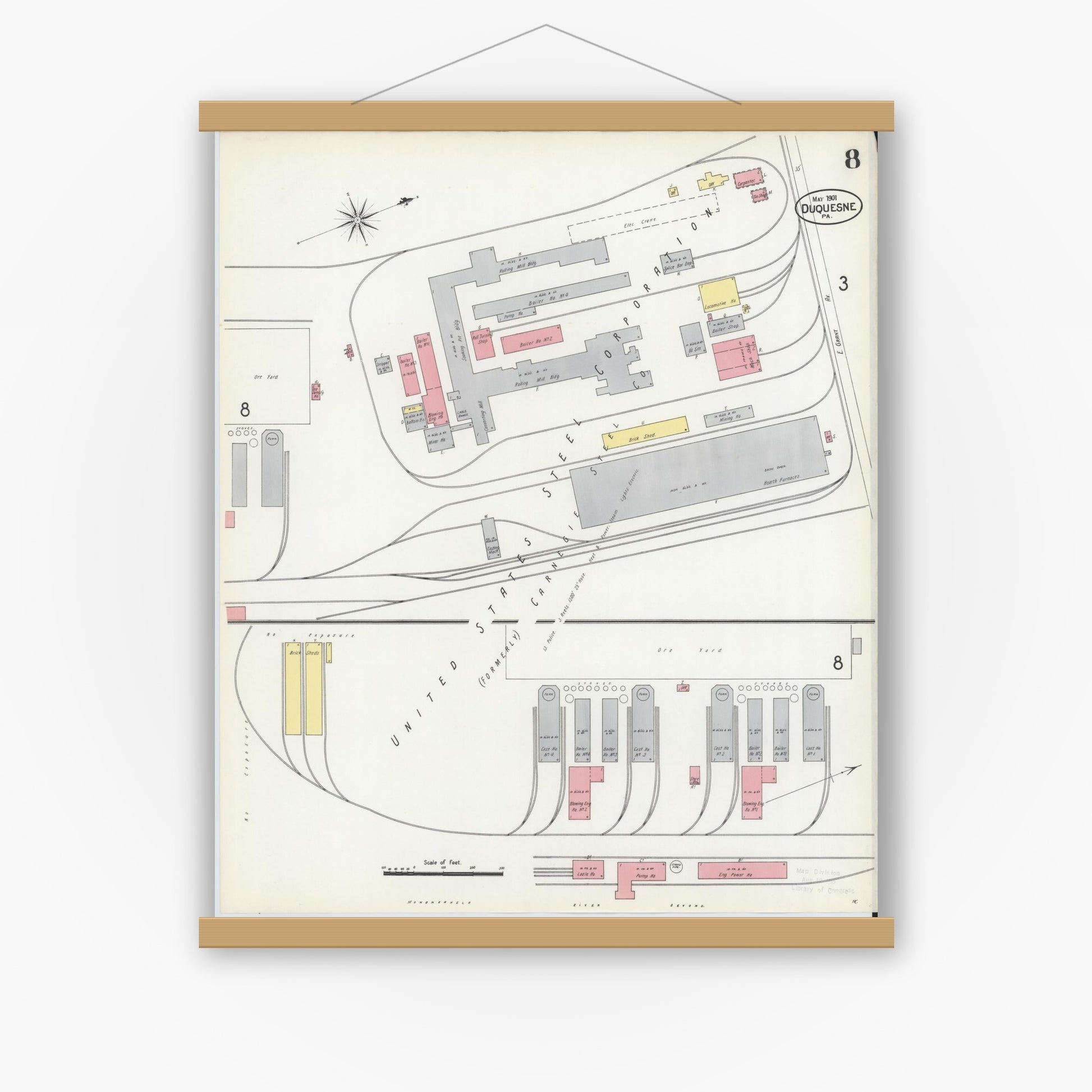 Old map wall art mockup — magnetic wood frame on white wall — Sanborn Fire Insurance Map from Duquesne, Allegheny County, Pennsylvania (1901), Sheet #0008
