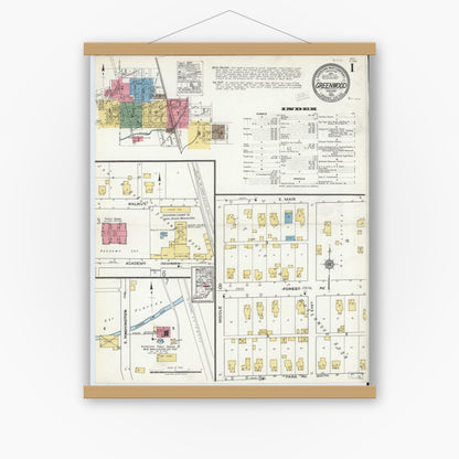 Old map wall art mockup — magnetic wood frame on white wall — Sanborn Fire Insurance Map from Greenwood, Johnson County, Indiana (1920) - Complete Map Set