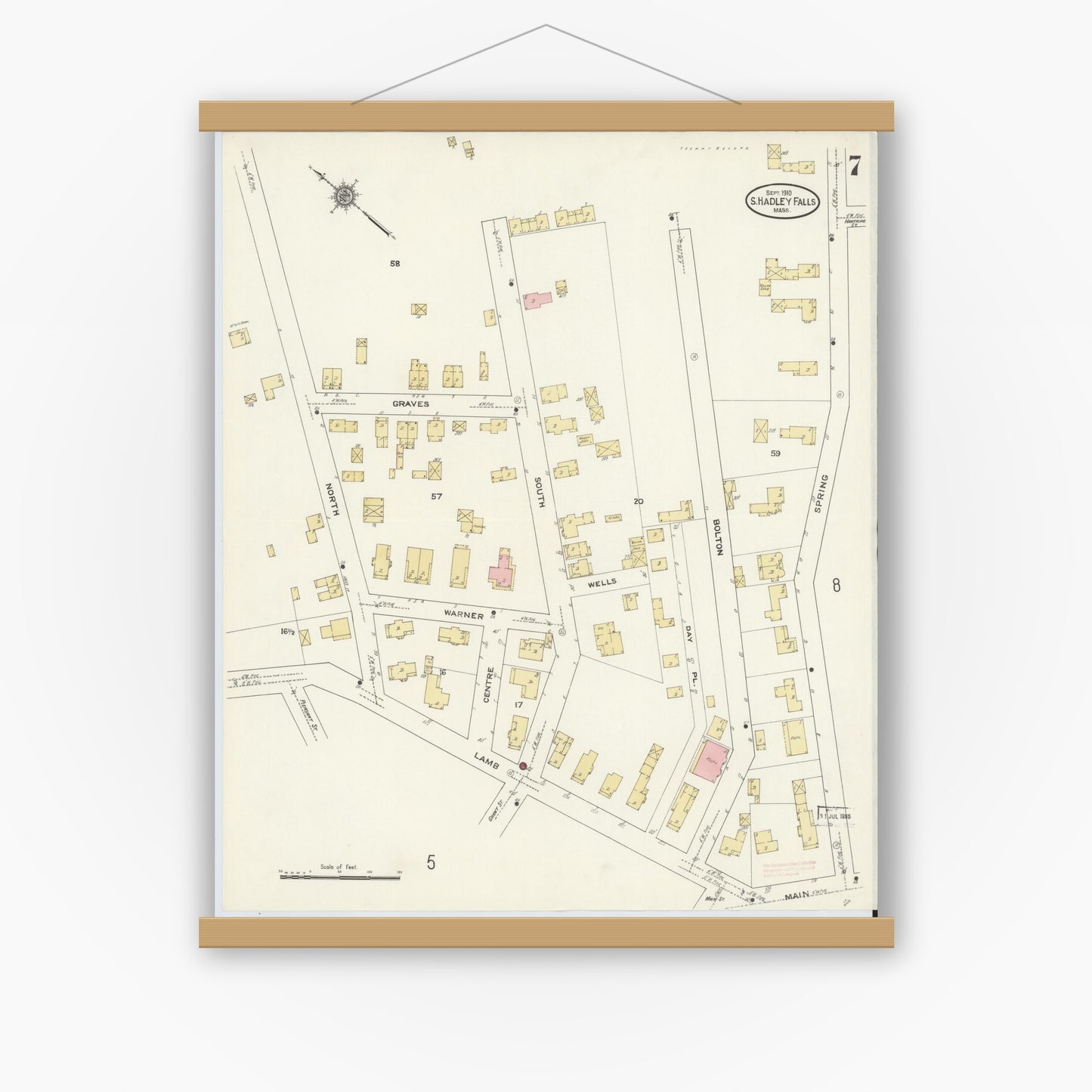 Old map wall art mockup — magnetic wood frame on white wall — Sanborn Fire Insurance Map from South Hadley Falls, Hampshire County, Massachusetts (1910), Sheet #0007