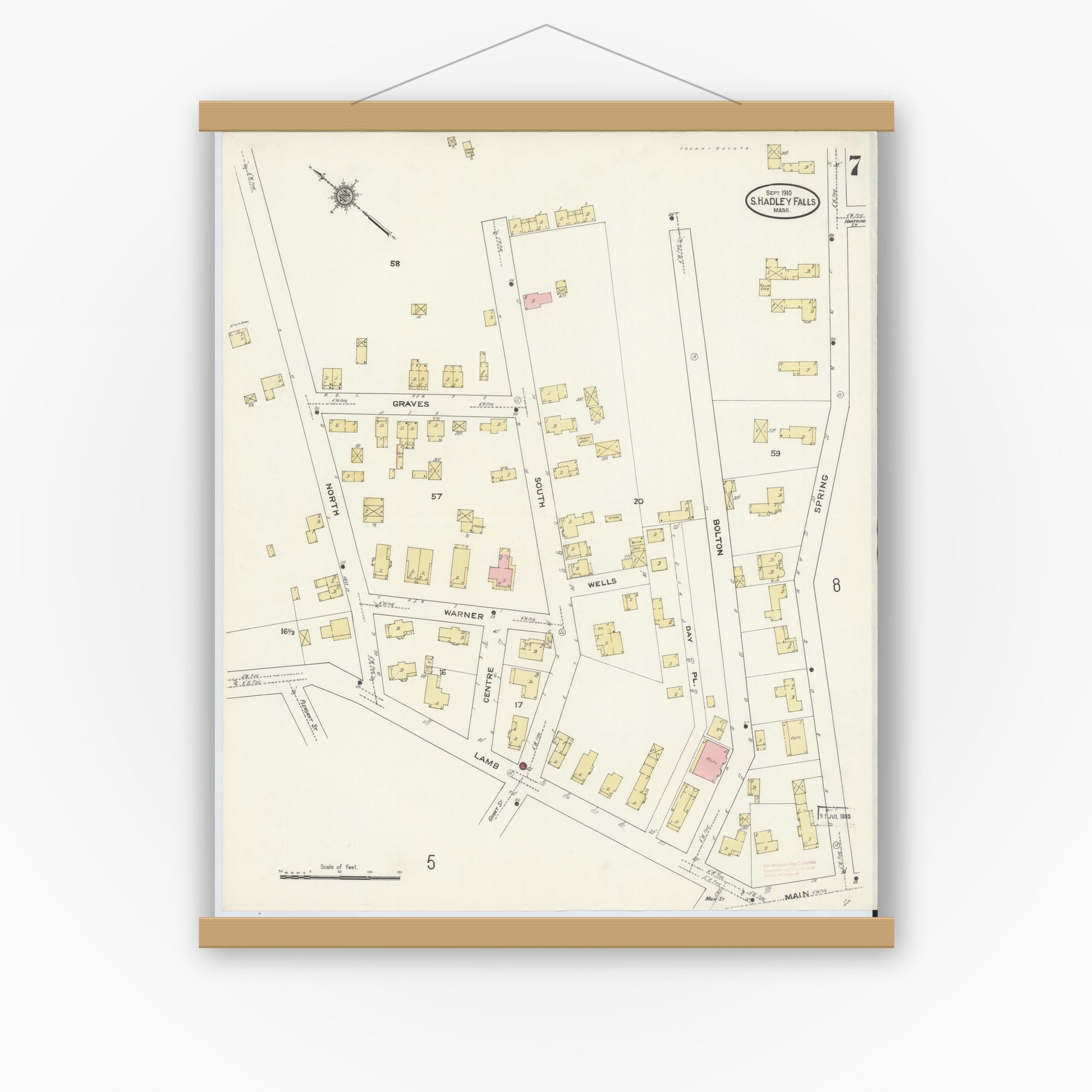 Old map wall art mockup — magnetic wood frame on white wall — Sanborn Fire Insurance Map from South Hadley Falls, Hampshire County, Massachusetts (1910), Sheet #0007