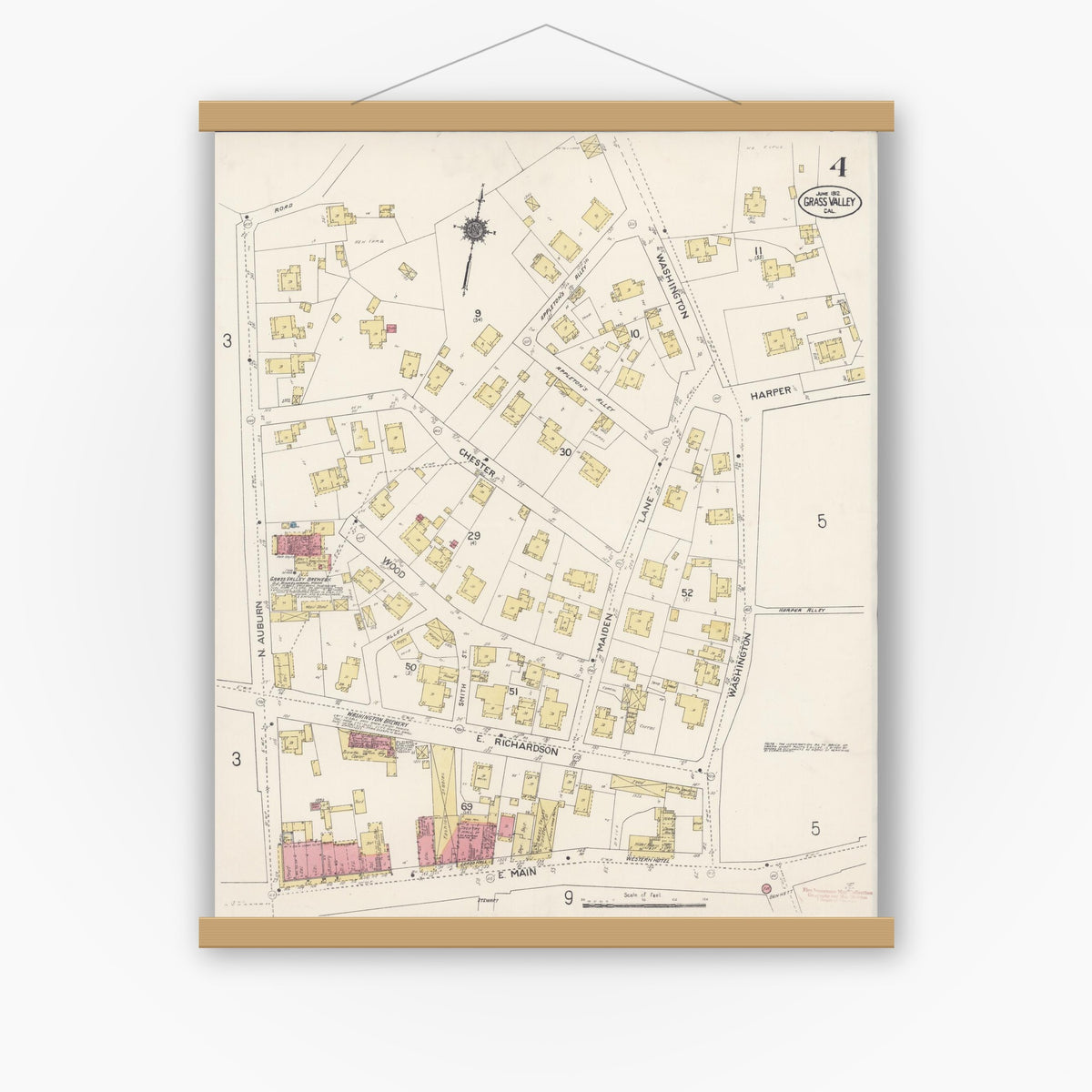 Old map wall art mockup — magnetic wood frame on white wall — Sanborn Fire Insurance Map from Grass Valley, Nevada County, California (1912), Sheet #0004