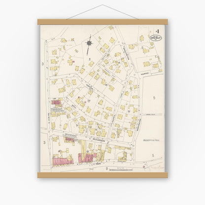 Old map wall art mockup — magnetic wood frame on white wall — Sanborn Fire Insurance Map from Grass Valley, Nevada County, California (1912), Sheet #0004