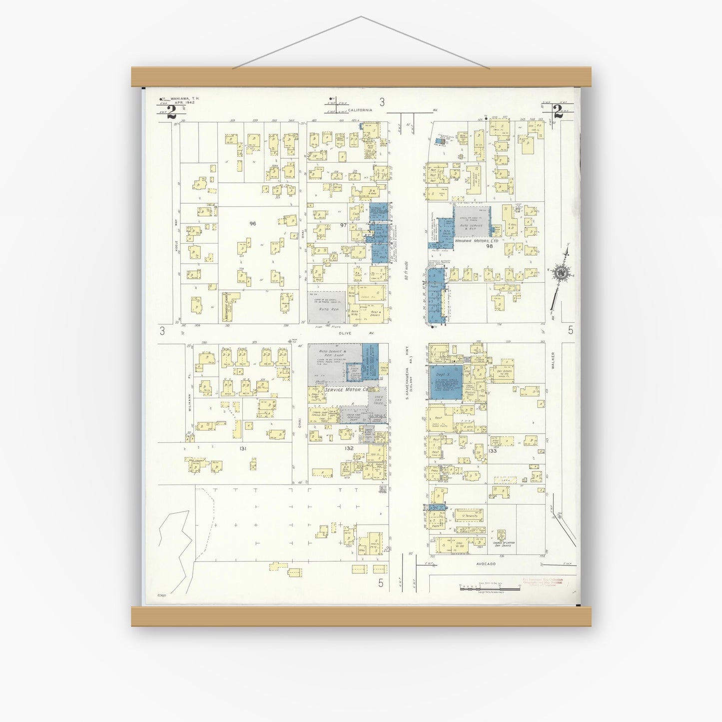 Old map wall art mockup — magnetic wood frame on white wall — Sanborn Fire Insurance Map from Wahiawa, Honolulu County, Hawaii (1942), Sheet #0002