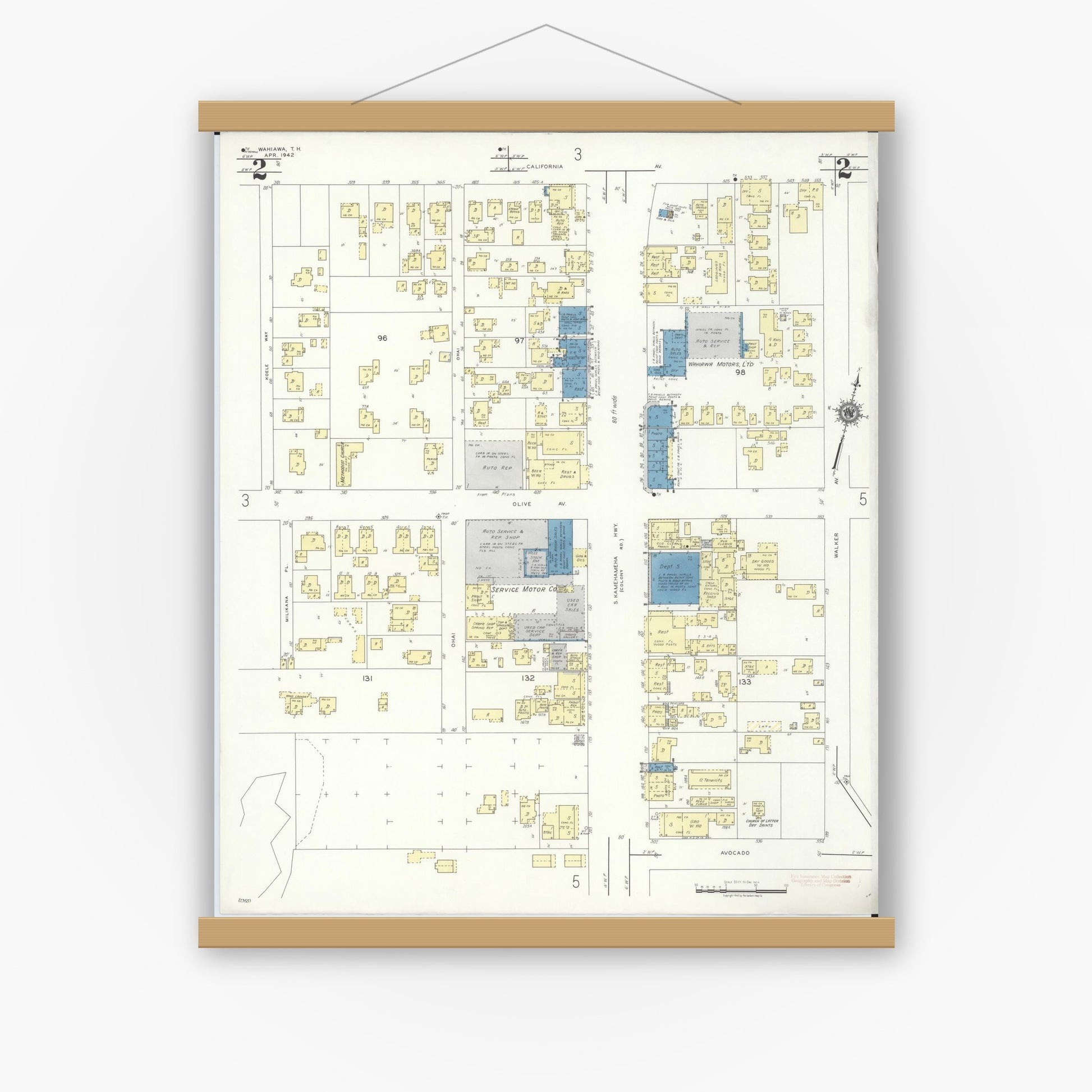 Old map wall art mockup — magnetic wood frame on white wall — Sanborn Fire Insurance Map from Wahiawa, Honolulu County, Hawaii (1942), Sheet #0002