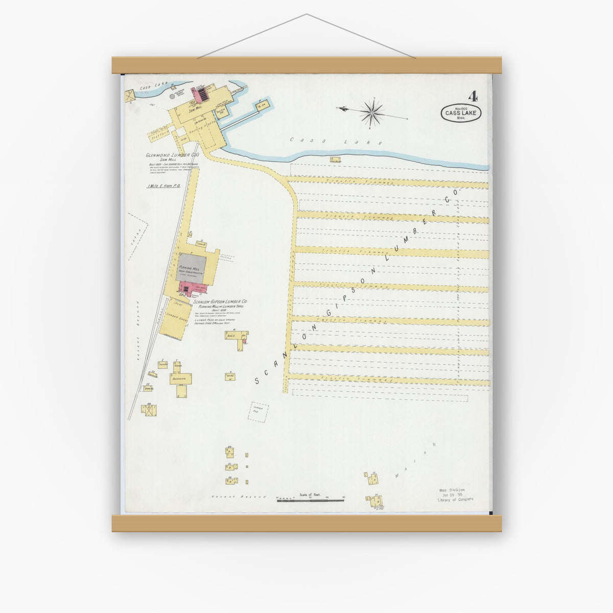 Old map wall art mockup — magnetic wood frame on white wall — Sanborn Fire Insurance Map from Cass Lake, Cass County, Minnesota (1900), Sheet #0004