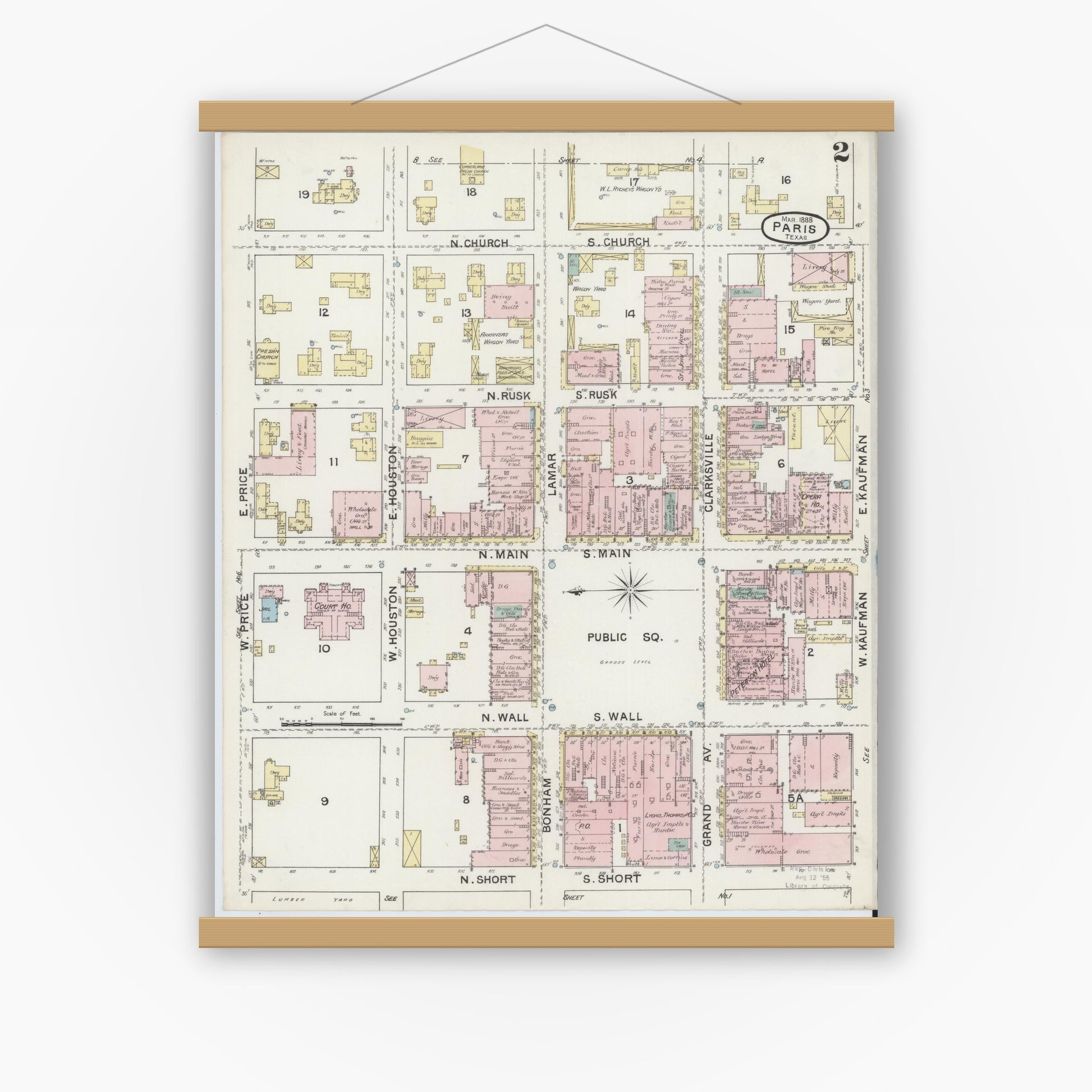 Old map wall art mockup — magnetic wood frame on white wall — Sanborn Fire Insurance Map from Paris, Lamar County, Texas (1888), Sheet #0002