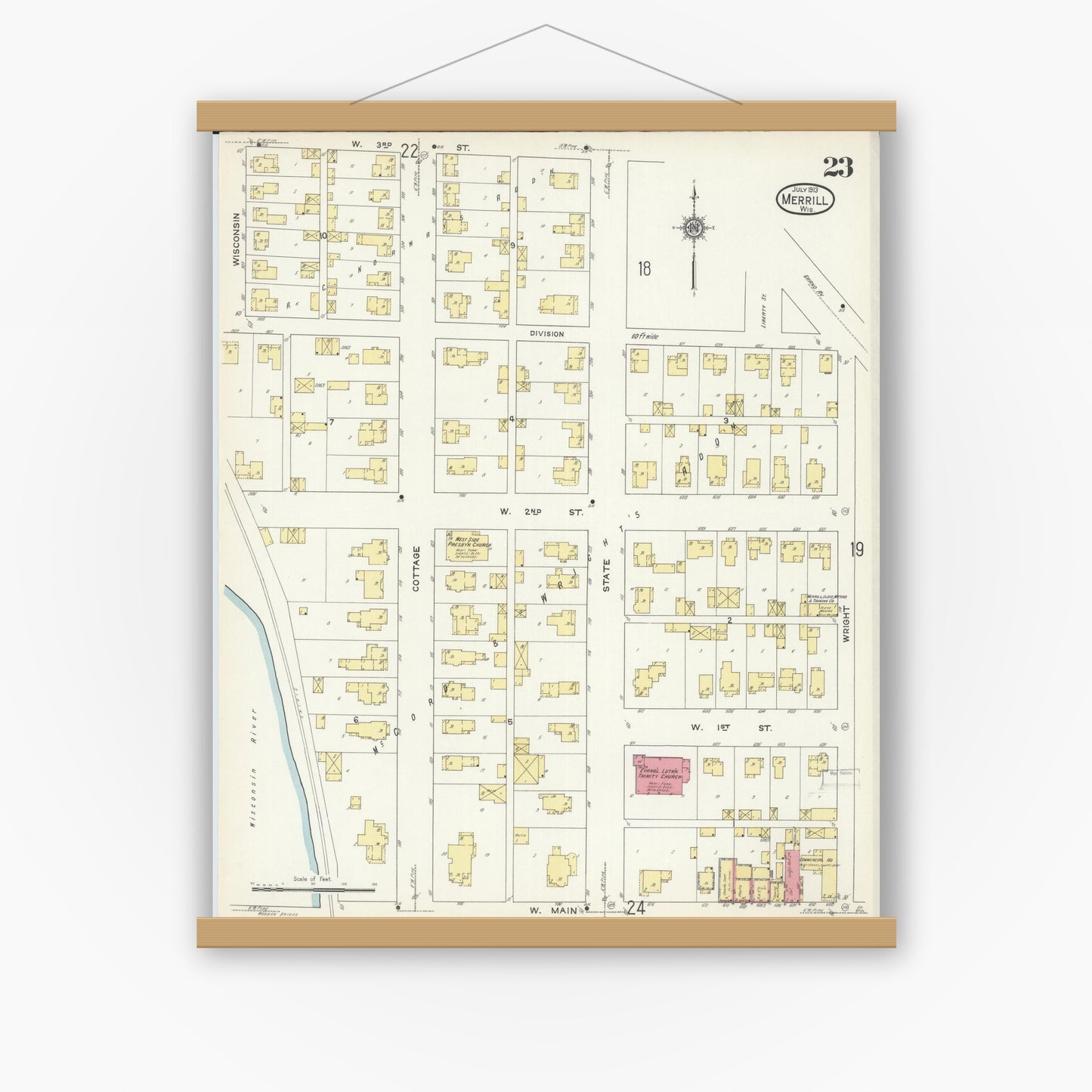 Old map wall art mockup — magnetic wood frame on white wall — Sanborn Fire Insurance Map from Merrill, Lincoln County, Wisconsin (1913), Sheet #0023