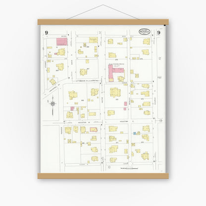 Old map wall art mockup — magnetic wood frame on white wall — Sanborn Fire Insurance Map from Monroe, Union County, North Carolina (1930), Sheet #0009