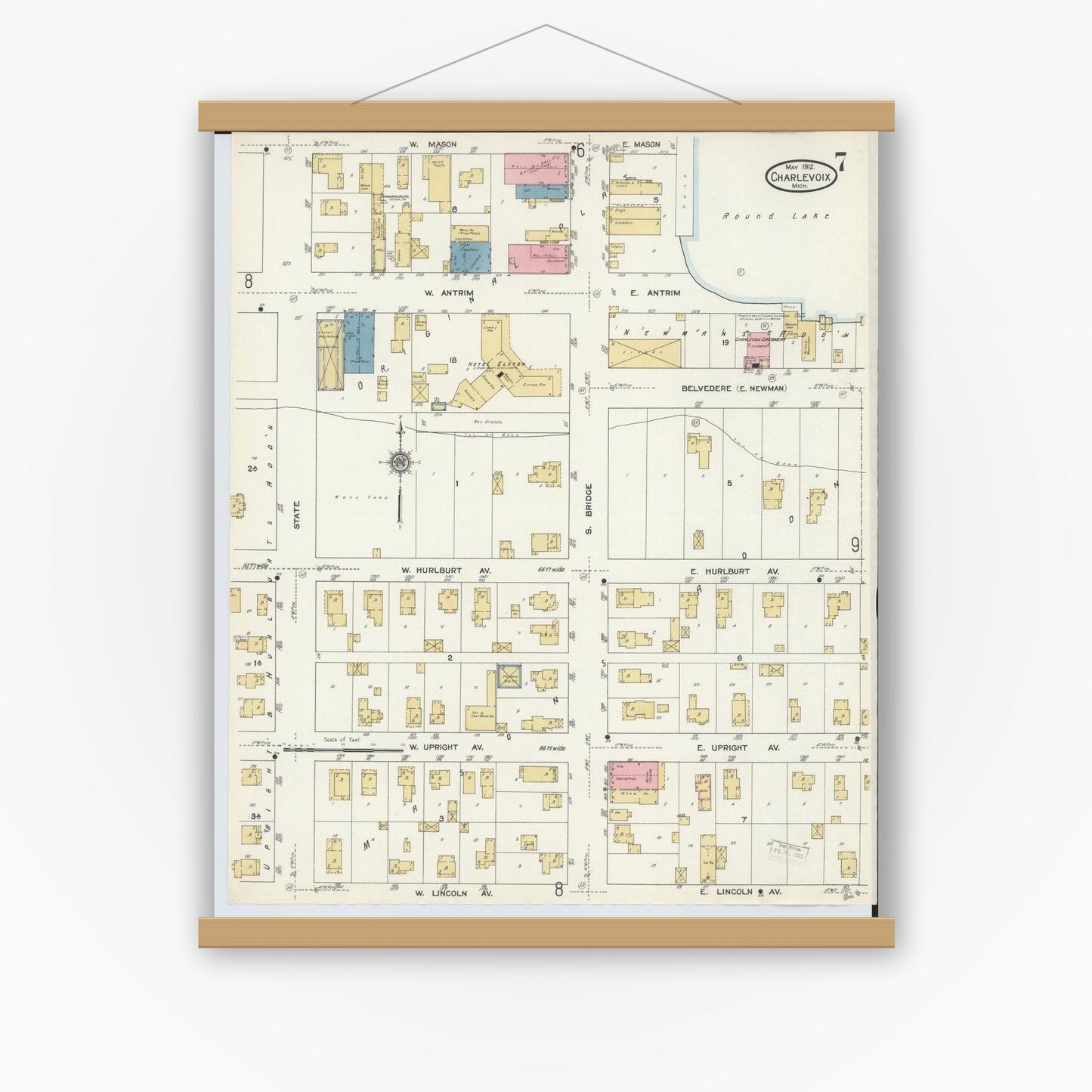 Old map wall art mockup — magnetic wood frame on white wall — Sanborn Fire Insurance Map from Charlevoix, Charlevoix County, Michigan (1912), Sheet #0007