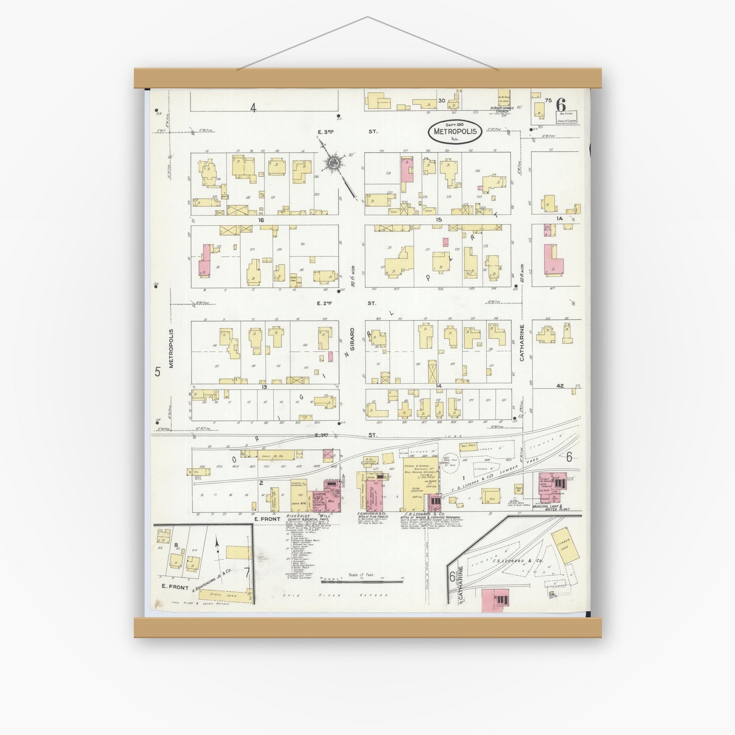Old map wall art mockup — magnetic wood frame on white wall — Sanborn Fire Insurance Map from Metropolis, Massac County, Illinois (1910), Sheet #0006