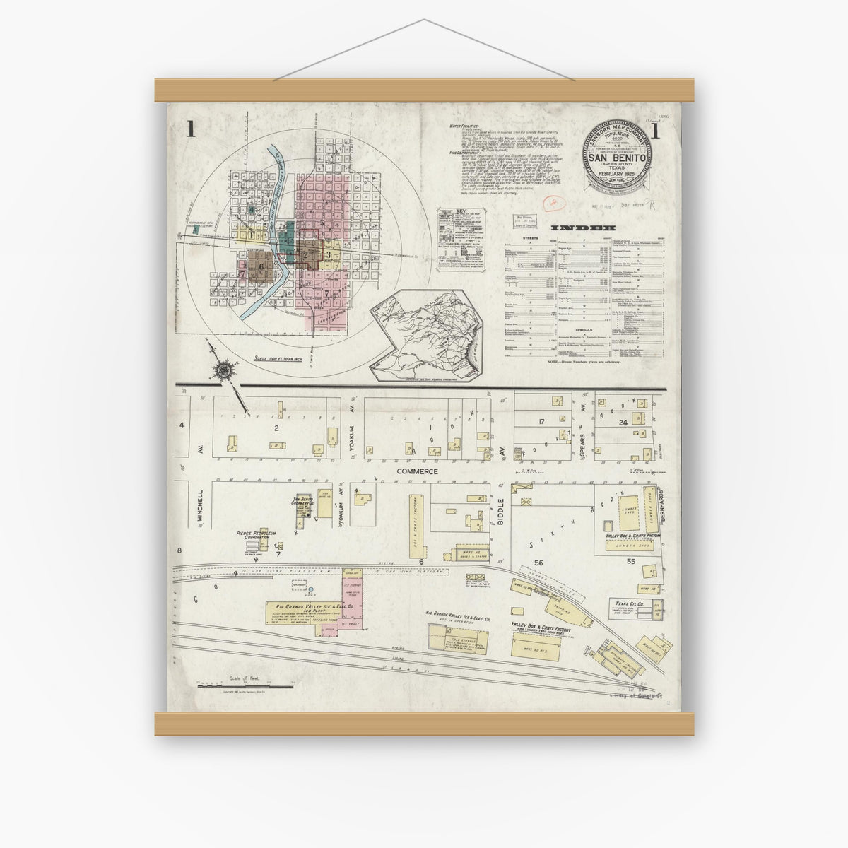Old map wall art mockup — magnetic wood frame on white wall — Sanborn Fire Insurance Map from San Benito, Cameron County, Texas (1925) - Complete Map Set