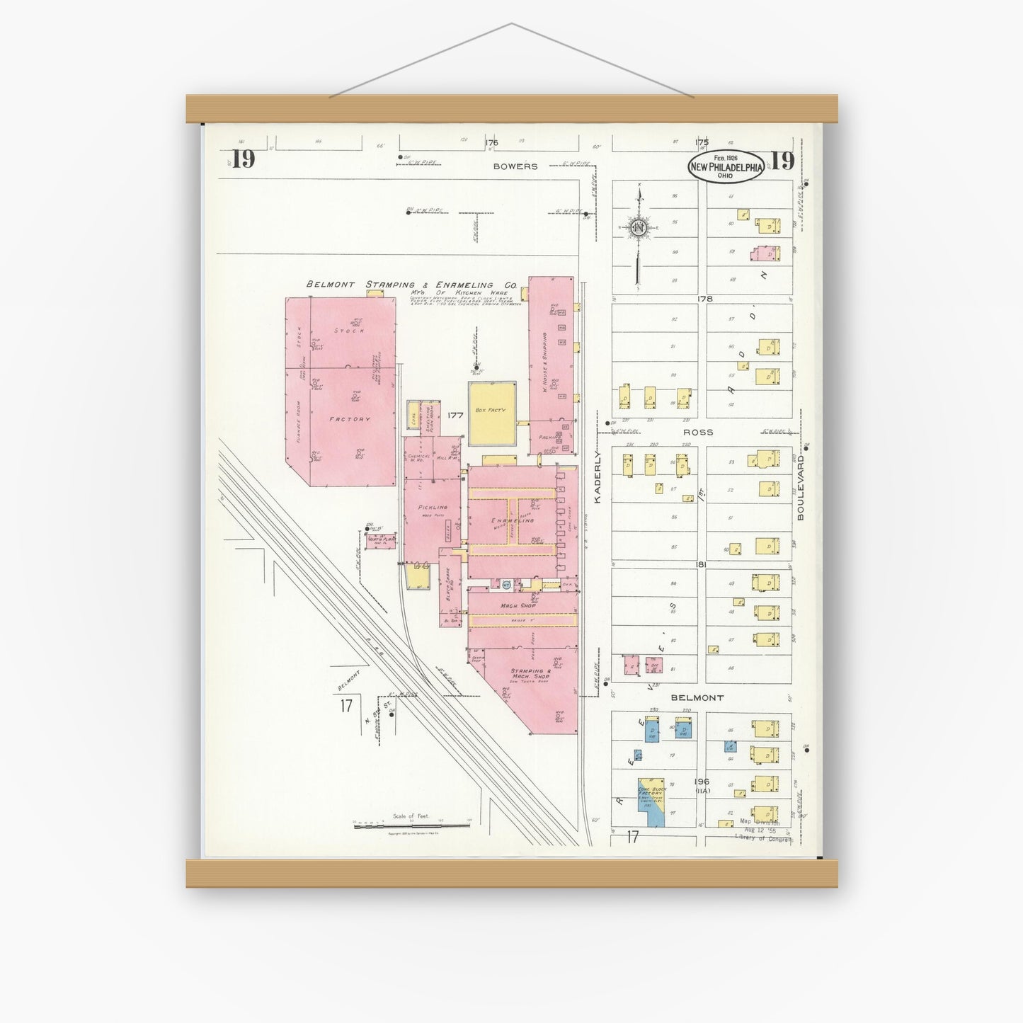 Old map wall art mockup — magnetic wood frame on white wall — Sanborn Fire Insurance Map from New Philadelphia, Tuscarawas County, Ohio (1926), Sheet #0019