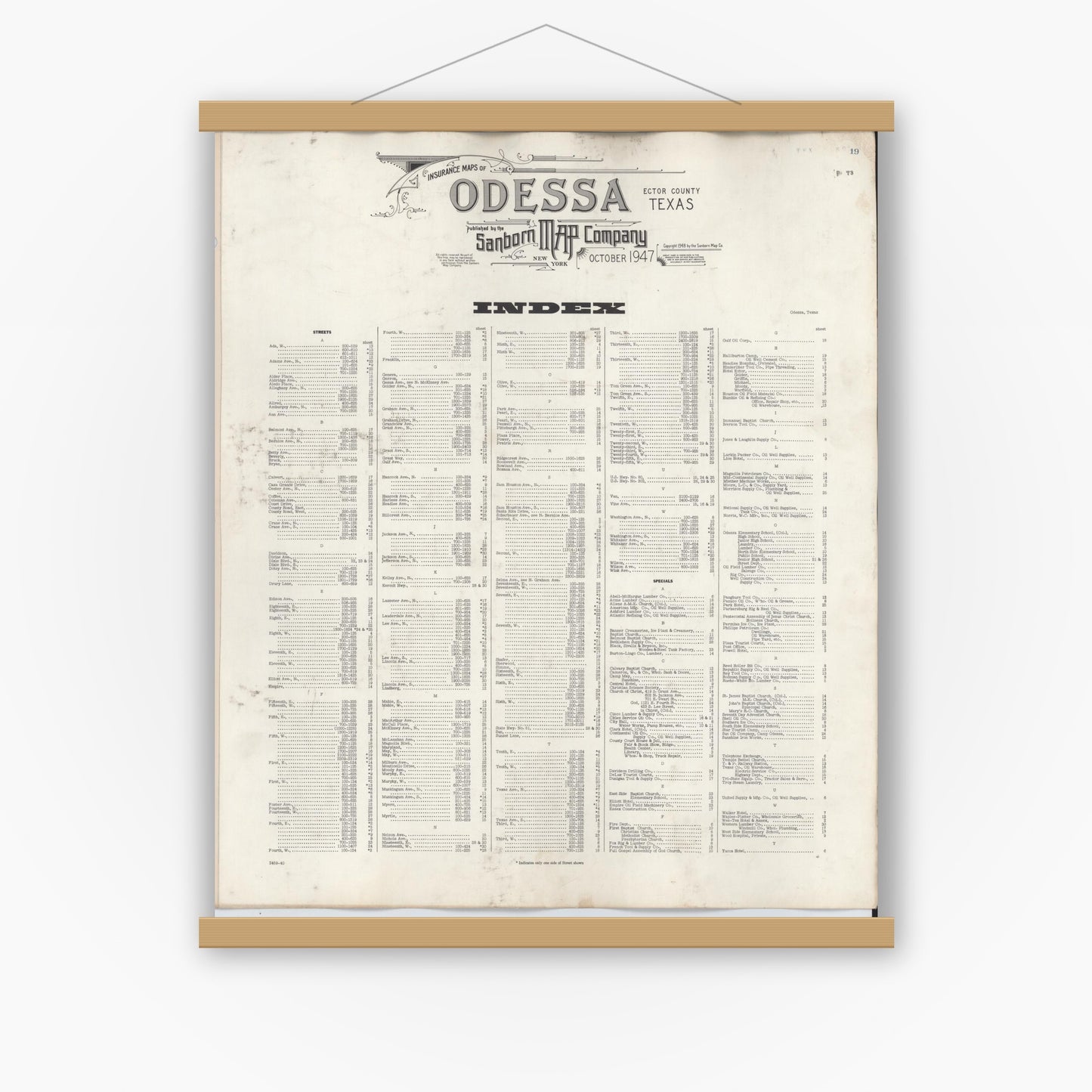 Old map wall art mockup — magnetic wood frame on white wall — Sanborn Fire Insurance Map from Odessa, Edger County, Texas (1950), Sheet #0001
