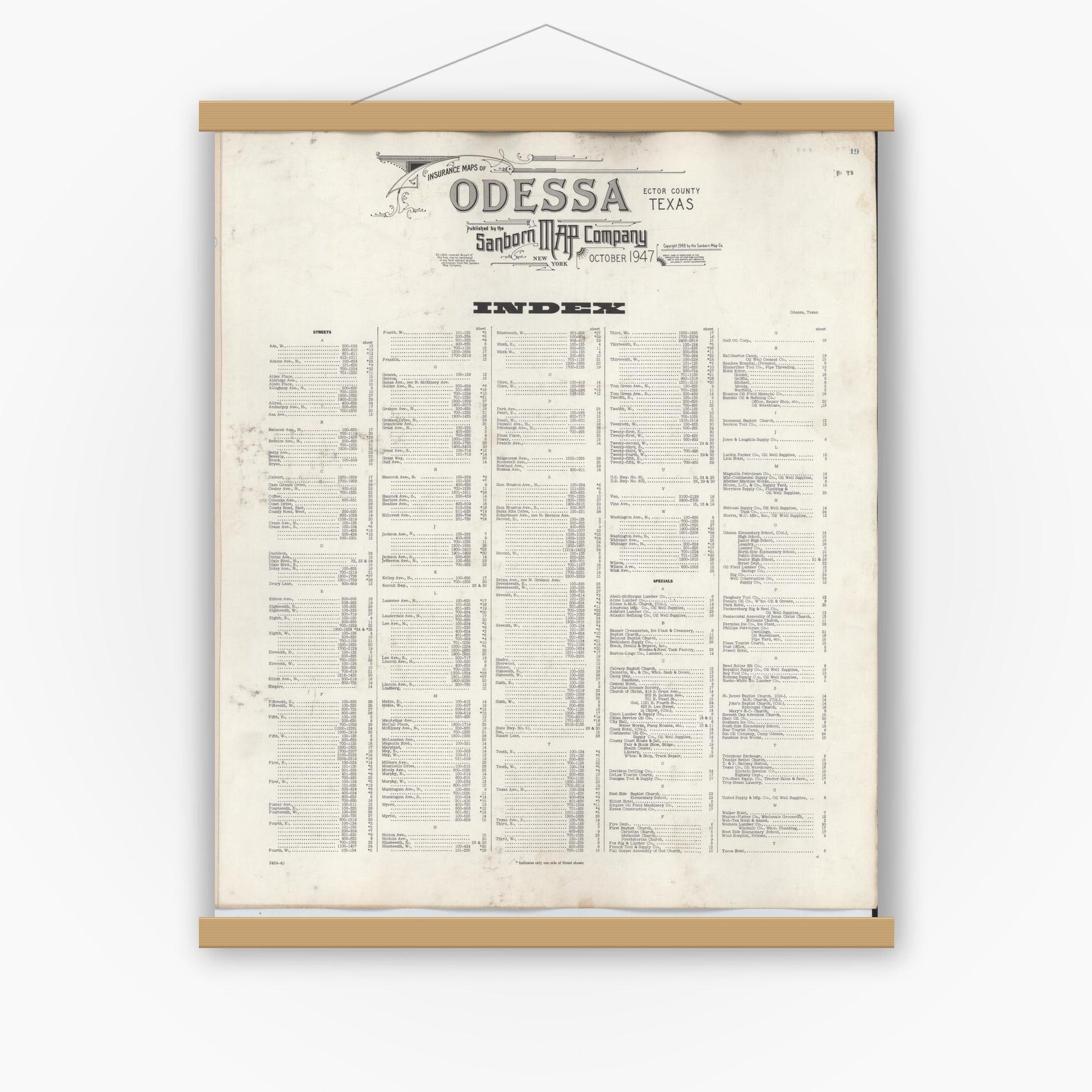 Old map wall art mockup — magnetic wood frame on white wall — Sanborn Fire Insurance Map from Odessa, Edger County, Texas (1950), Sheet #0001