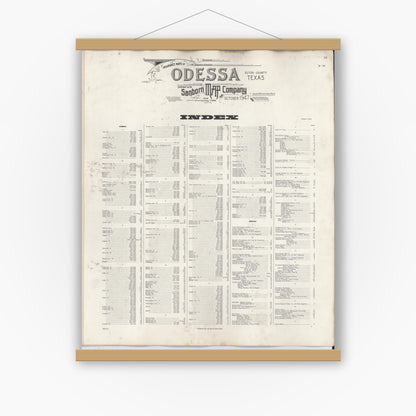 Old map wall art mockup — magnetic wood frame on white wall — Sanborn Fire Insurance Map from Odessa, Edger County, Texas (1950), Sheet #0001