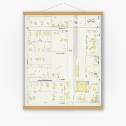 Old map wall art mockup — magnetic wood frame on white wall — Sanborn Fire Insurance Map from Sherman, Grayson County, Texas (1897), Sheet #0007