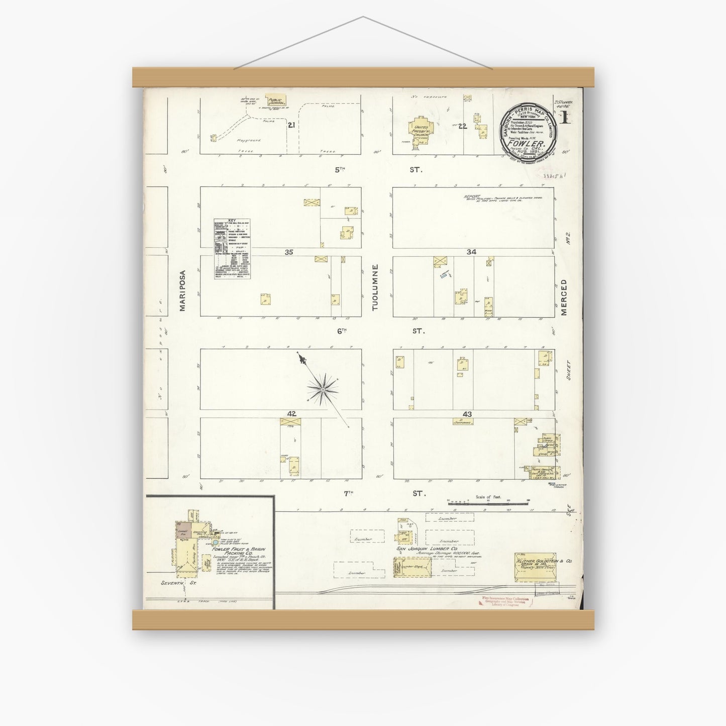 Old map wall art mockup — magnetic wood frame on white wall — Sanborn Fire Insurance Map from Fowler, Fresno County, California (1891) - Complete Map Set