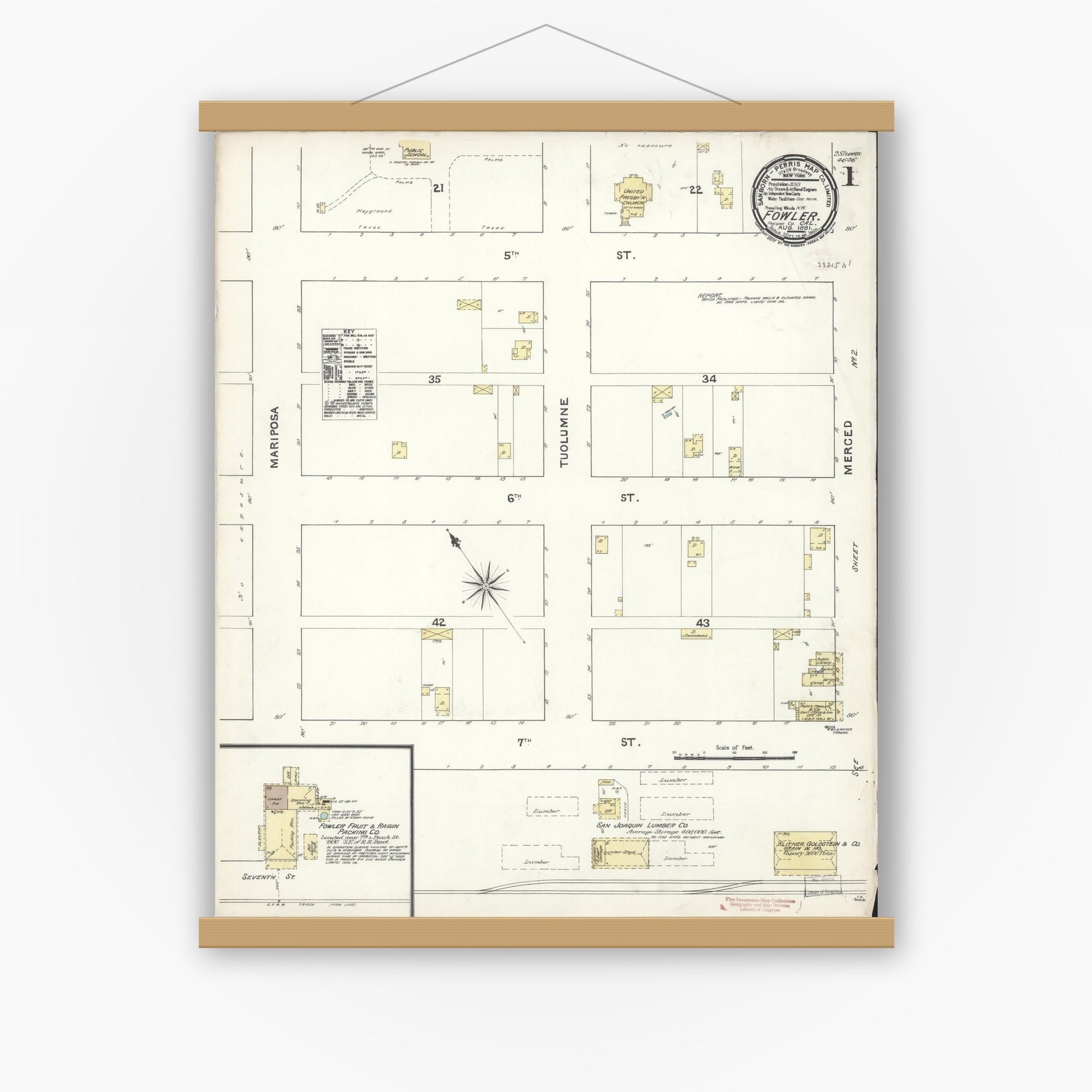 Old map wall art mockup — magnetic wood frame on white wall — Sanborn Fire Insurance Map from Fowler, Fresno County, California (1891) - Complete Map Set