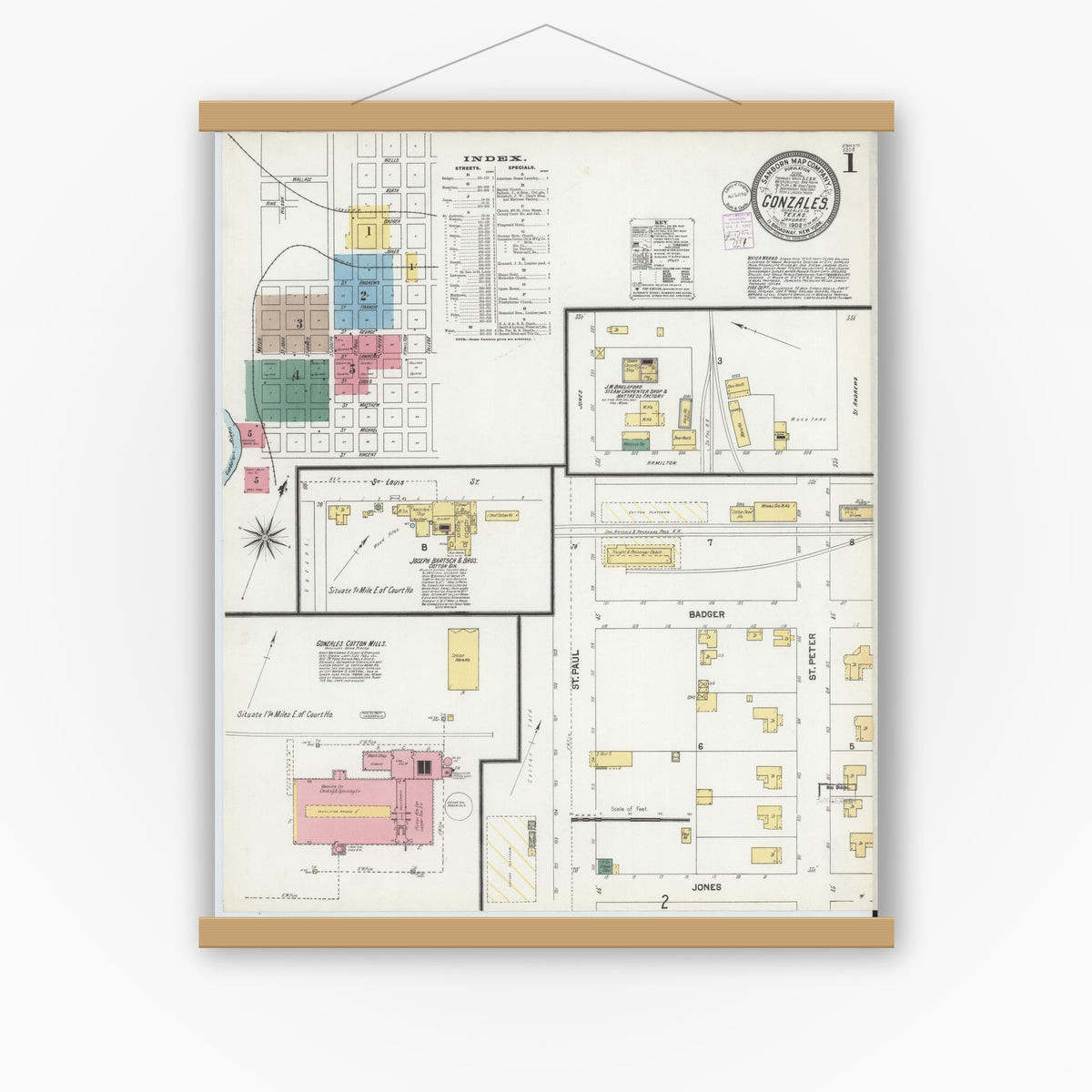 Old map wall art mockup — magnetic wood frame on white wall — Sanborn Fire Insurance Map from Gonzales, Gonzales County, Texas (1902) - Complete Map Set
