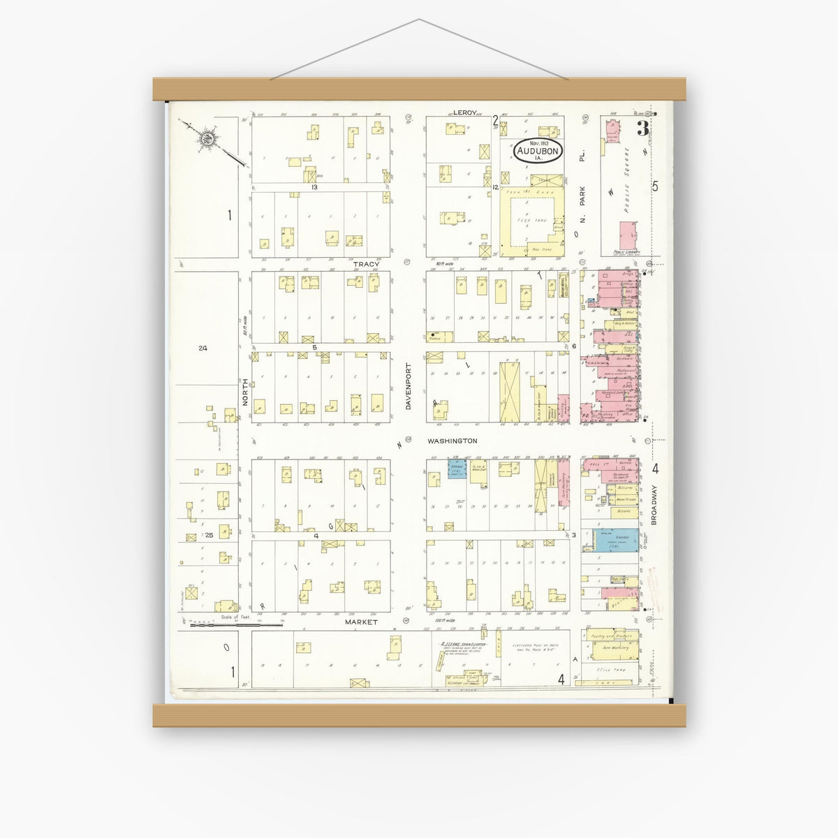Old map wall art mockup — magnetic wood frame on white wall — Sanborn Fire Insurance Map from Audubon, Audubon County, Iowa (1913), Sheet #0003