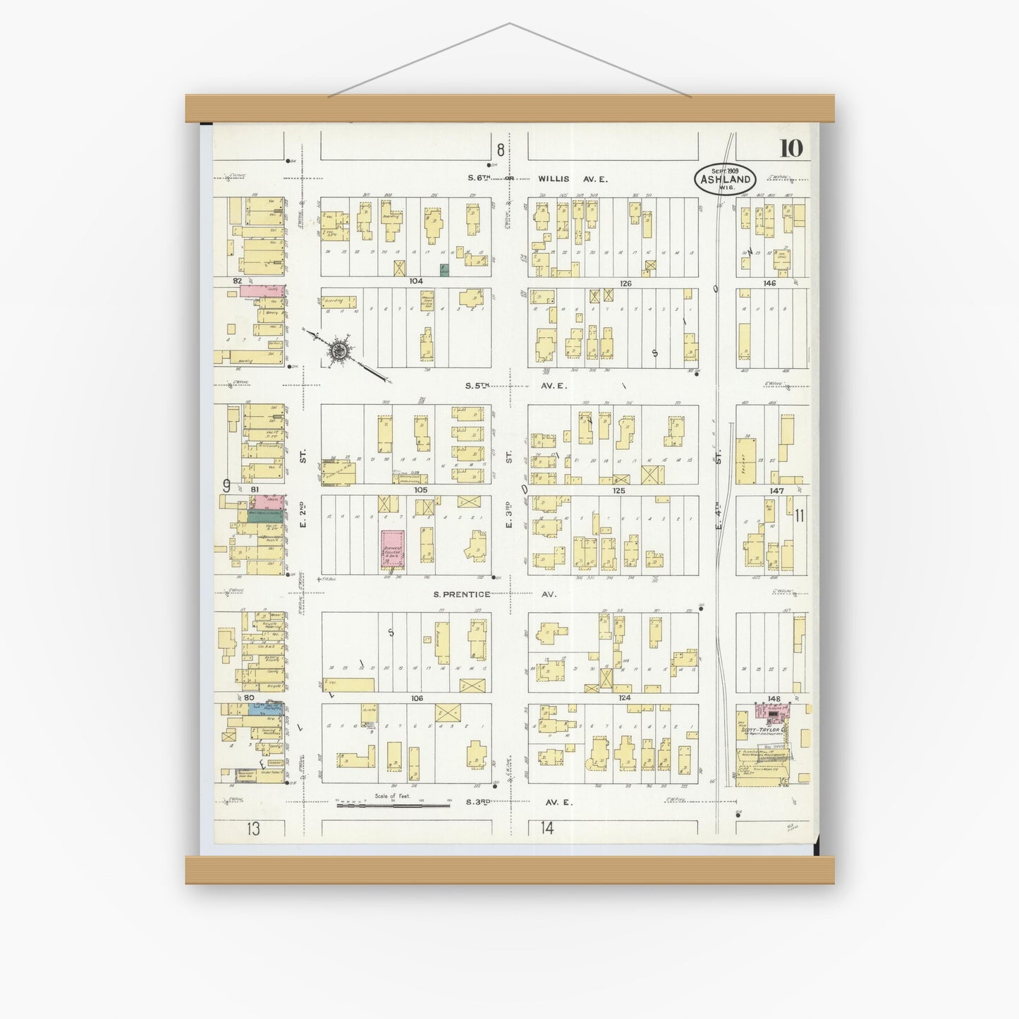 Old map wall art mockup — magnetic wood frame on white wall — Sanborn Fire Insurance Map from Ashland, Ashland County, Wisconsin (1909), Sheet #0010