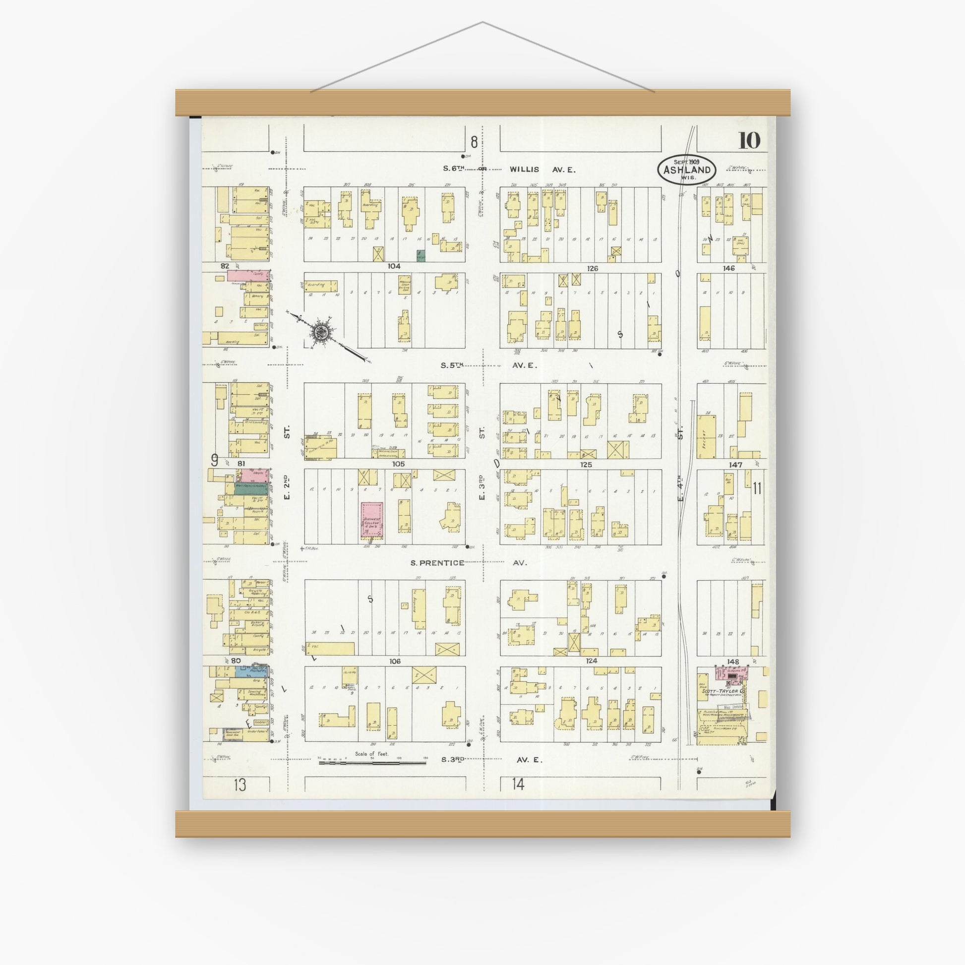 Old map wall art mockup — magnetic wood frame on white wall — Sanborn Fire Insurance Map from Ashland, Ashland County, Wisconsin (1909), Sheet #0010