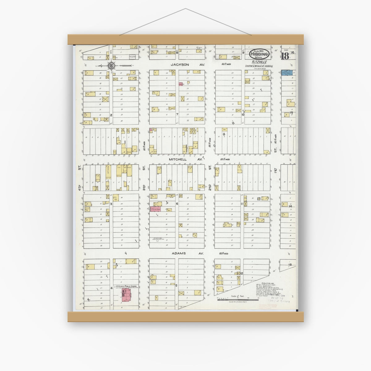 Old map wall art mockup — magnetic wood frame on white wall — Sanborn Fire Insurance Map from Hibbing, Saint Louis County, Minnesota (1921), Sheet #0018