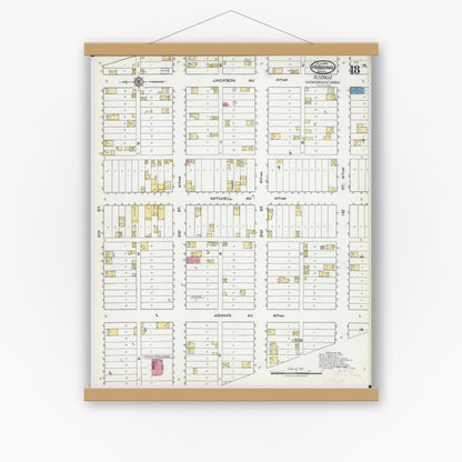 Old map wall art mockup — magnetic wood frame on white wall — Sanborn Fire Insurance Map from Hibbing, Saint Louis County, Minnesota (1921), Sheet #0018