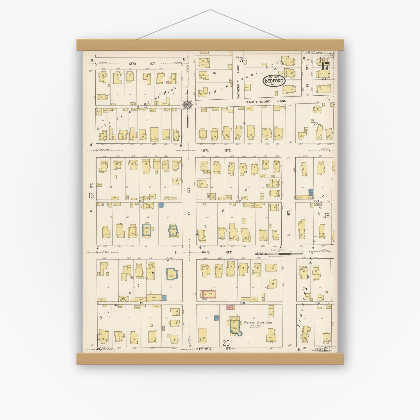 Old map wall art mockup — magnetic wood frame on white wall — Sanborn Fire Insurance Map from Bedford, Lawrence County, Indiana (1922), Sheet #0017