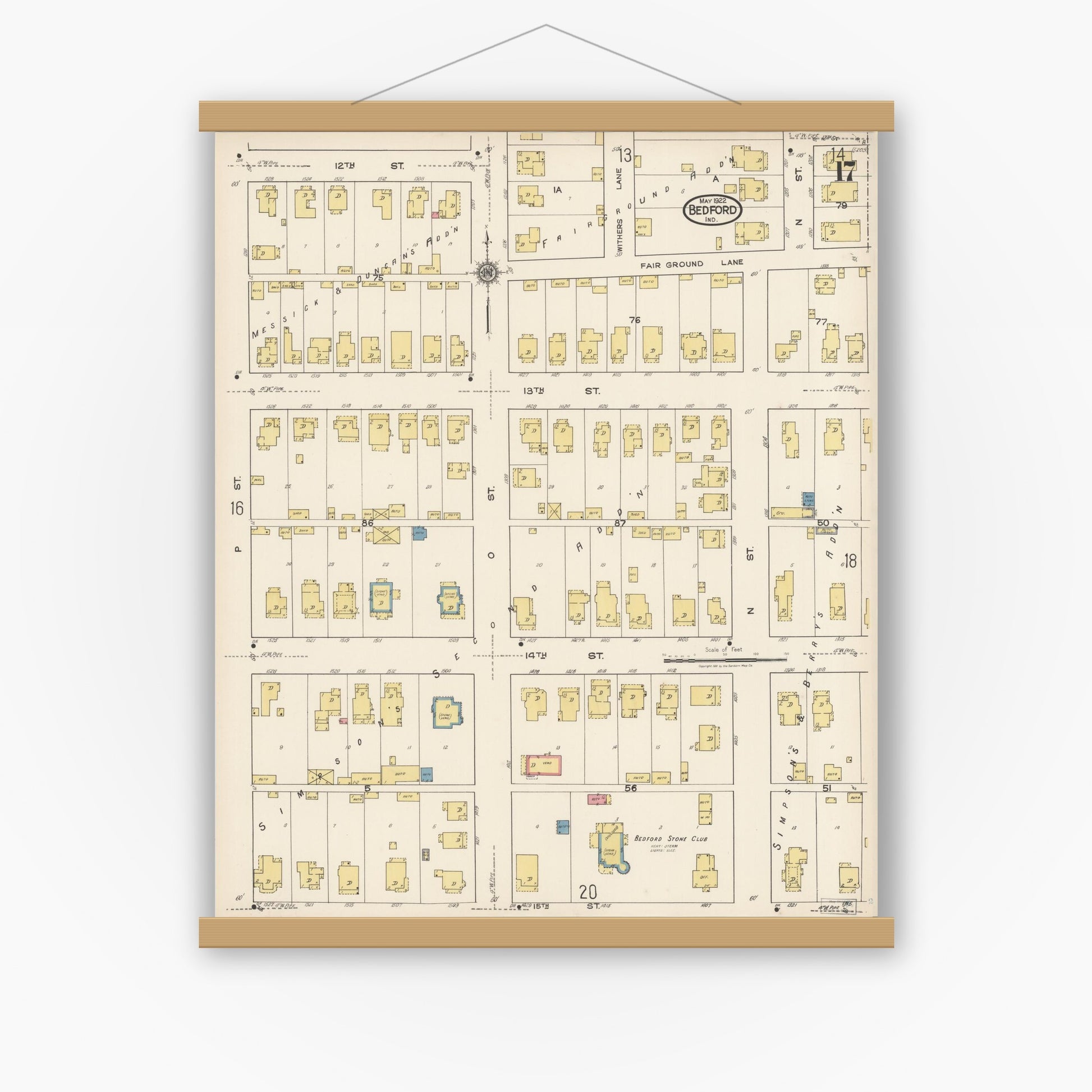 Old map wall art mockup — magnetic wood frame on white wall — Sanborn Fire Insurance Map from Bedford, Lawrence County, Indiana (1922), Sheet #0017