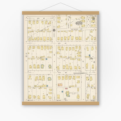 Old map wall art mockup — magnetic wood frame on white wall — Sanborn Fire Insurance Map from Bedford, Lawrence County, Indiana (1922), Sheet #0017