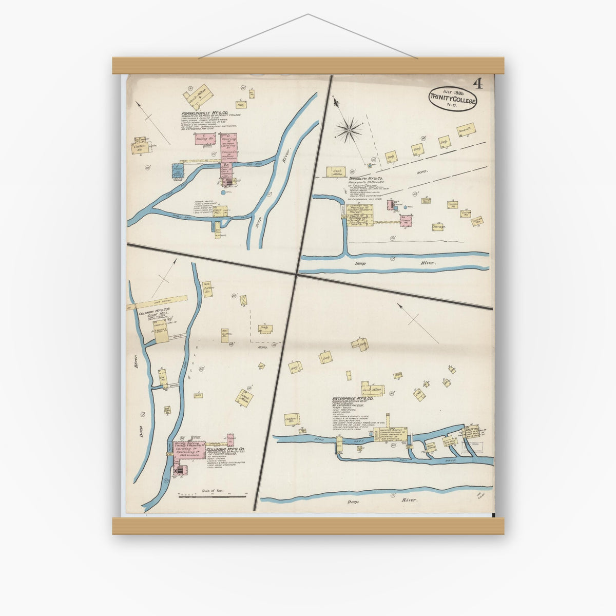 Old map wall art mockup — magnetic wood frame on white wall — Sanborn Fire Insurance Map from Trinity College, Randolph County, North Carolina (1885), Sheet #0004