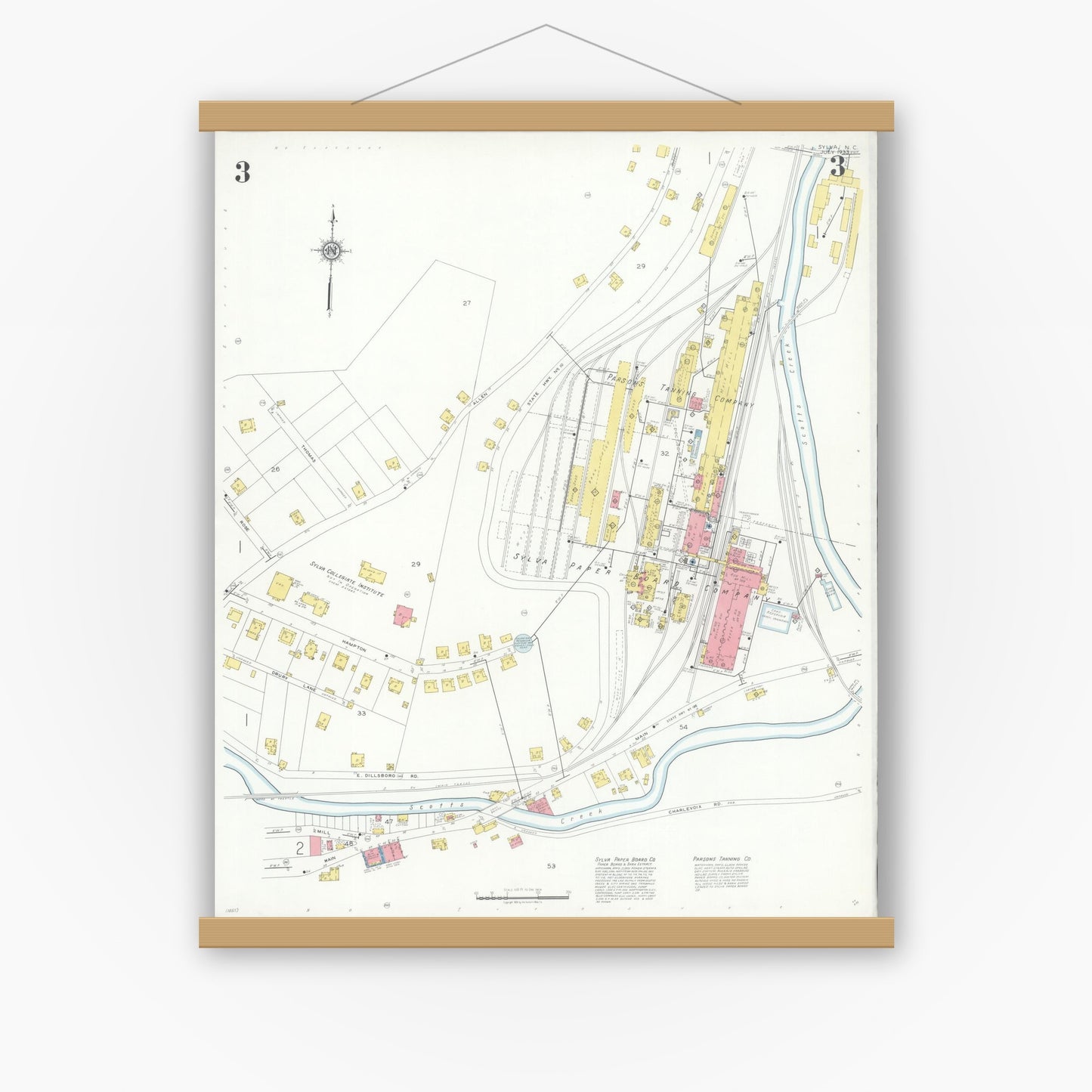 Old map wall art mockup — magnetic wood frame on white wall — Sanborn Fire Insurance Map from Sylva, Jackson County, North Carolina (1933), Sheet #0003
