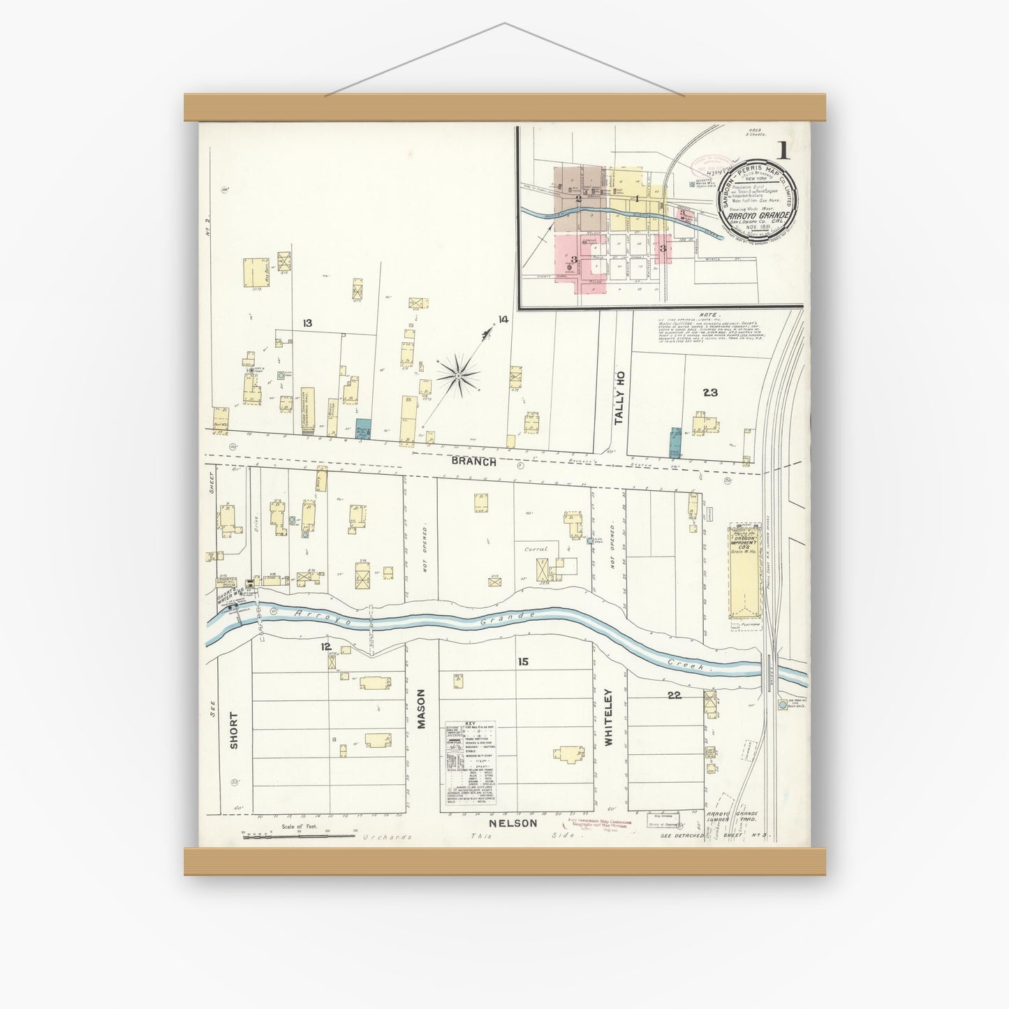 Old map wall art mockup — magnetic wood frame on white wall — Sanborn Fire Insurance Map from Arroyo Grande, San Luis Obispo County, California (1891), Sheet #0001