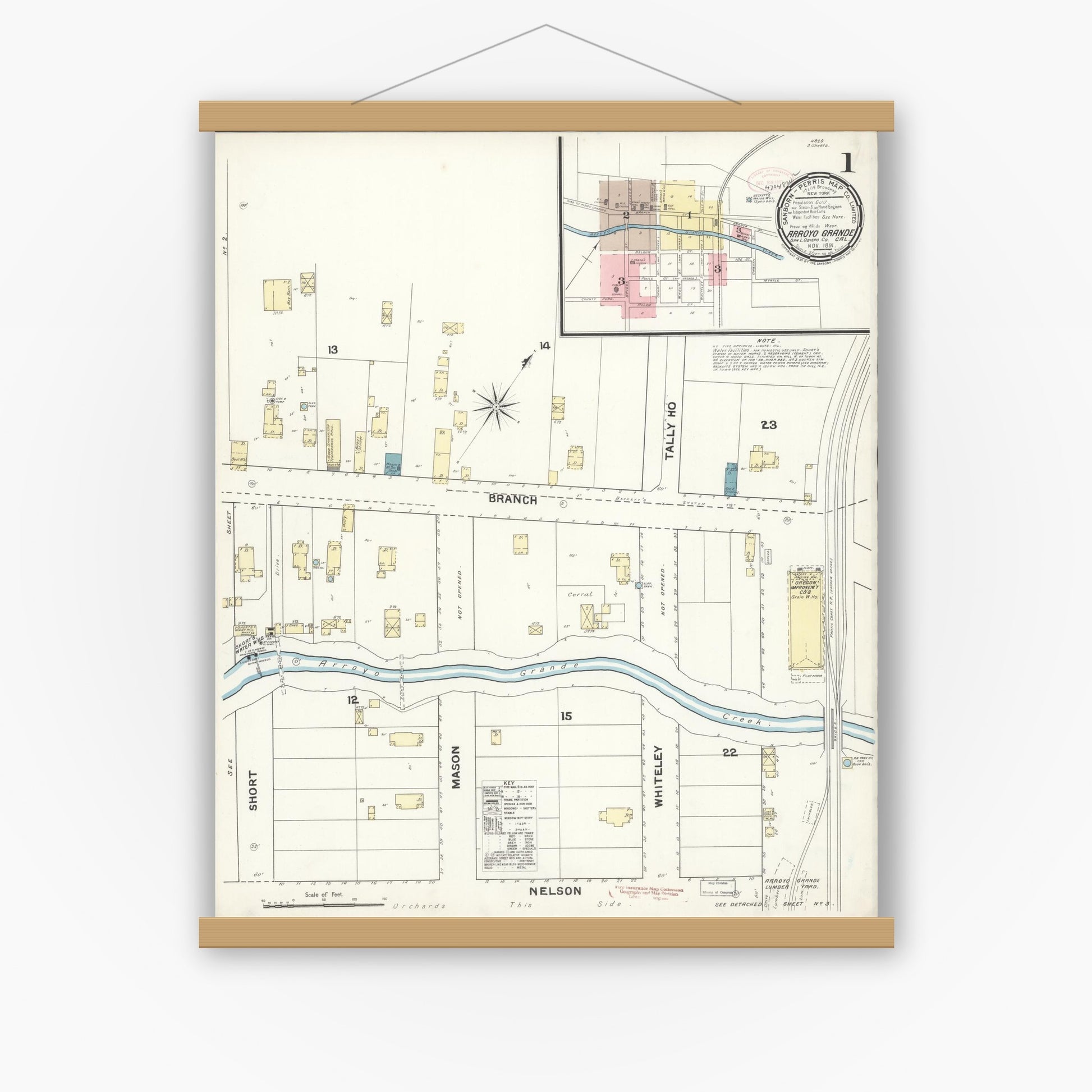 Old map wall art mockup — magnetic wood frame on white wall — Sanborn Fire Insurance Map from Arroyo Grande, San Luis Obispo County, California (1891), Sheet #0001