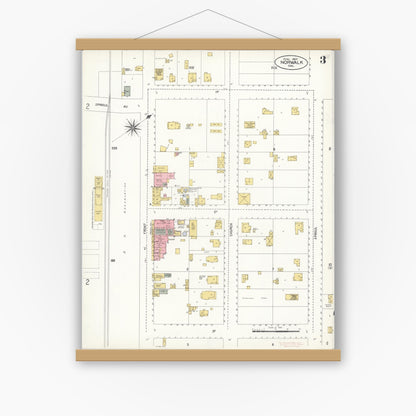 Old map wall art mockup — magnetic wood frame on white wall — Sanborn Fire Insurance Map from Norwalk, Los Angeles County, California (1907), Sheet #0003