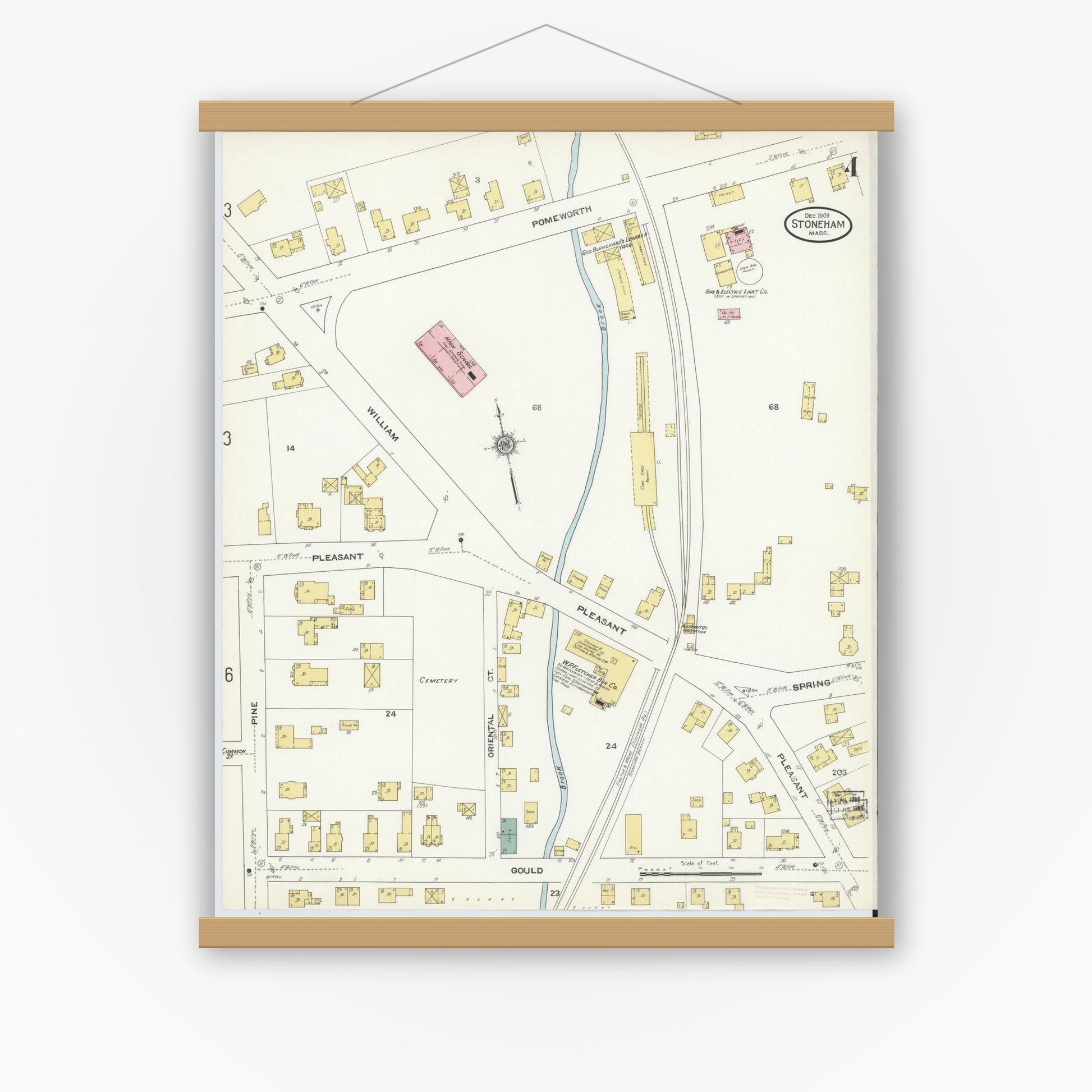 Old map wall art mockup — magnetic wood frame on white wall — Sanborn Fire Insurance Map from Stoneham, Middlesex County, Massachusetts (1909), Sheet #0004