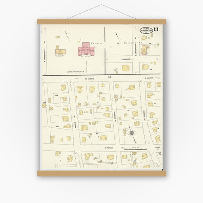 Old map wall art mockup — magnetic wood frame on white wall — Sanborn Fire Insurance Map from Waxahachie, Ellis County, Texas (1909), Sheet #0013